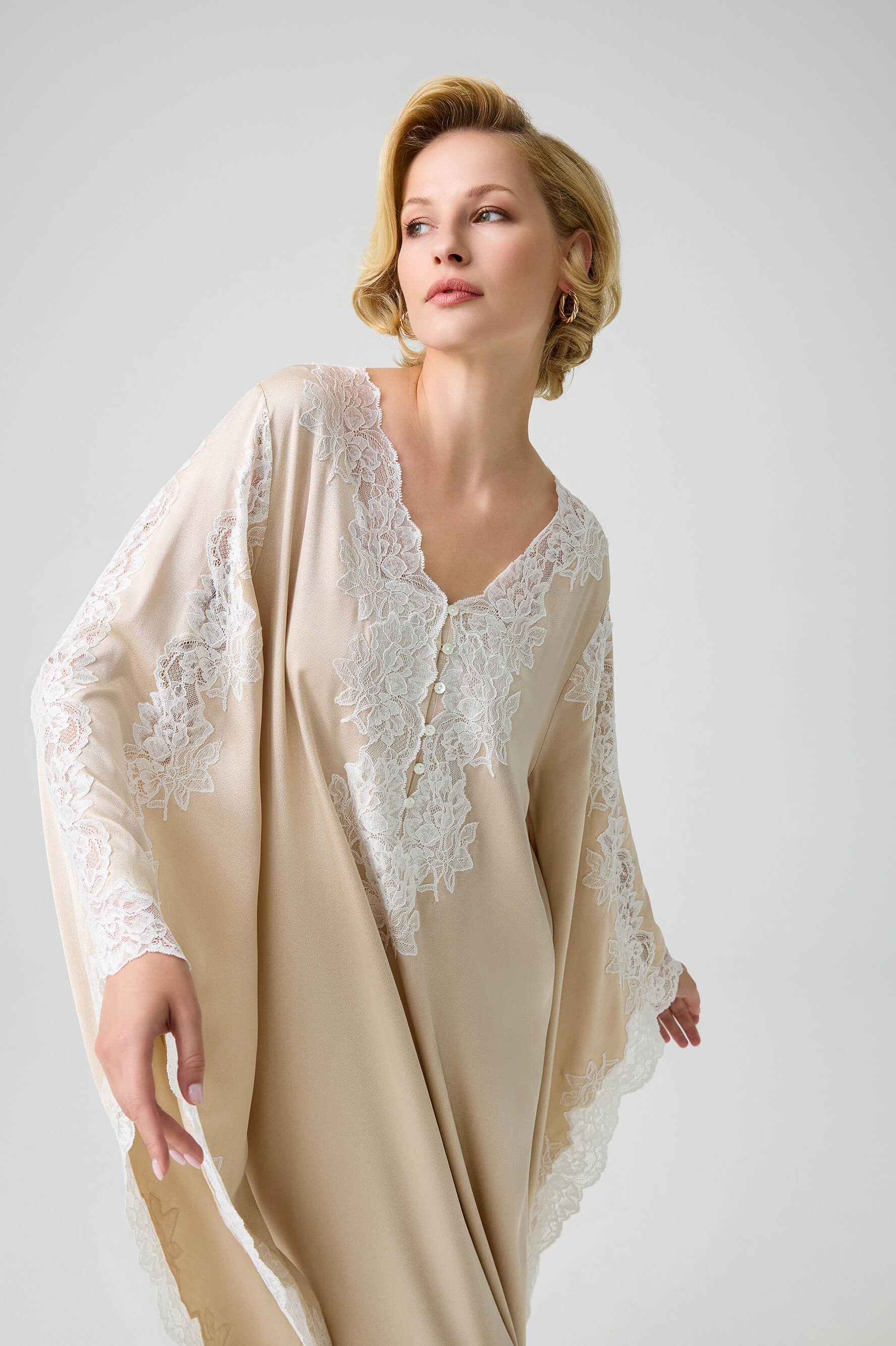 Adelaide Long Rayon Buttoned Dress with Off White Lace on Beige