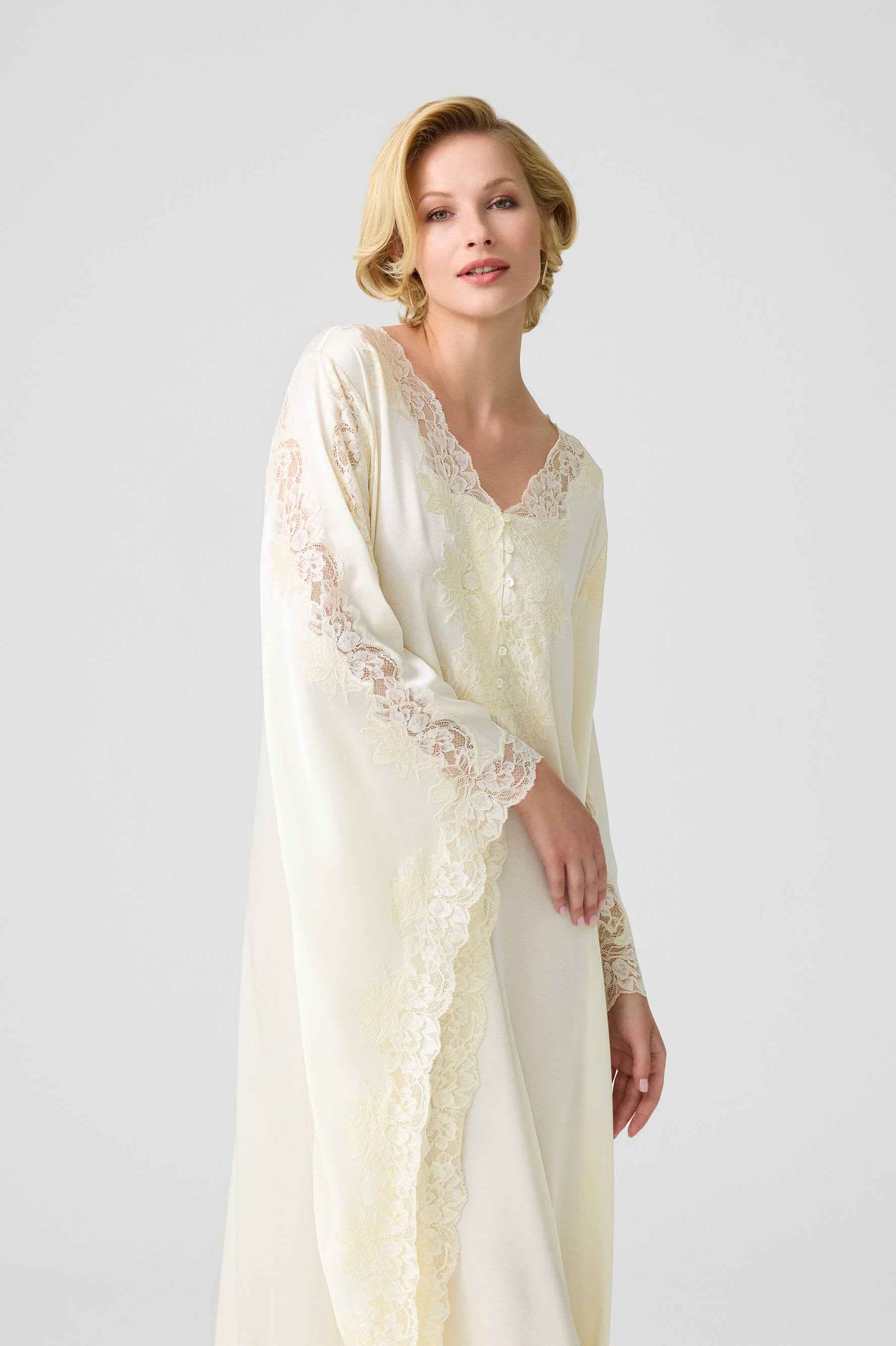 Adelaide - Trimmed Long Buttoned Dress with Triangular Sleeve - Off White with Honey Lace