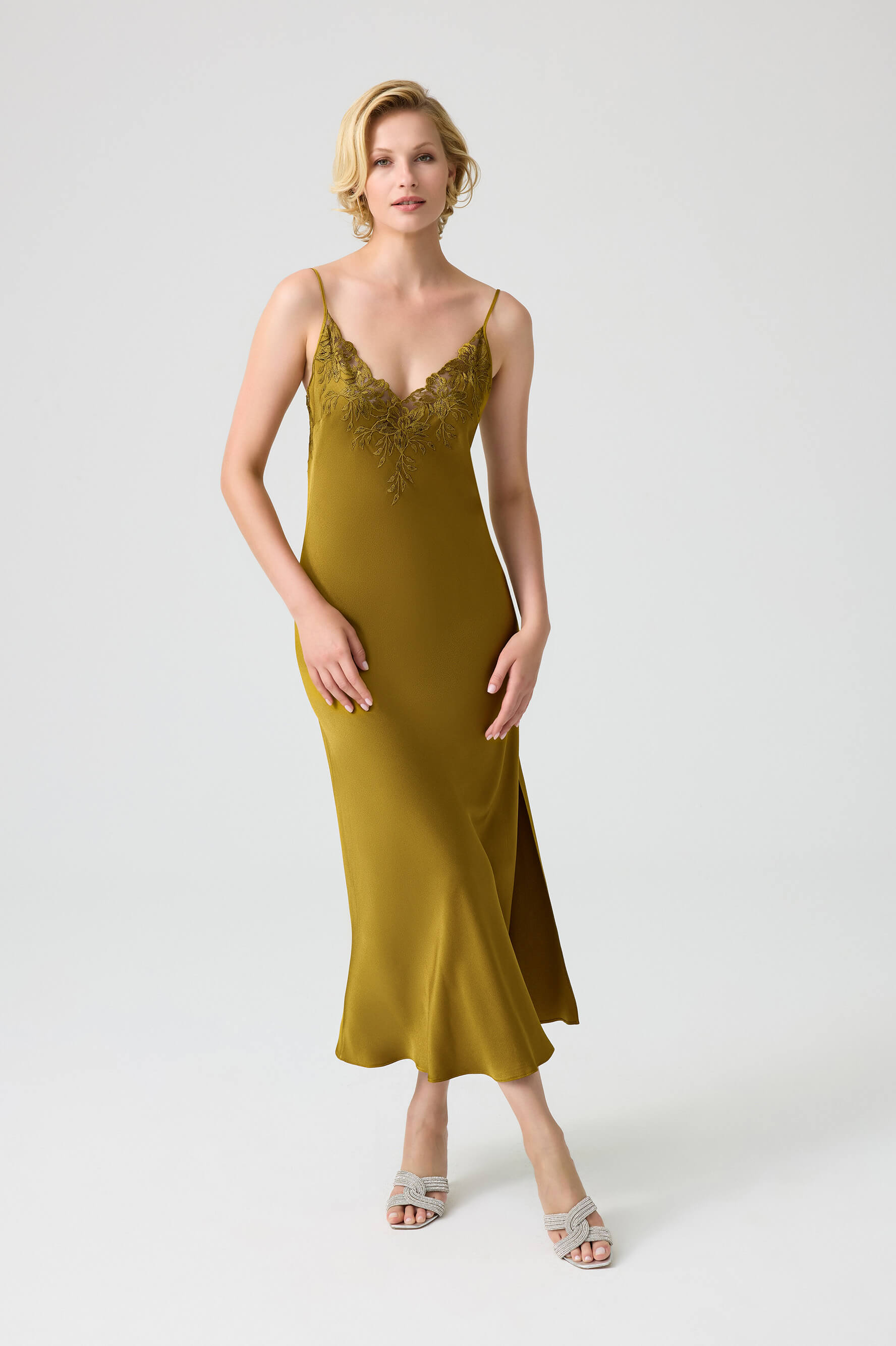 Olivia - Trimmed Long Rayon Robe Set with Matching Inner Nightie - Olive Oil Green