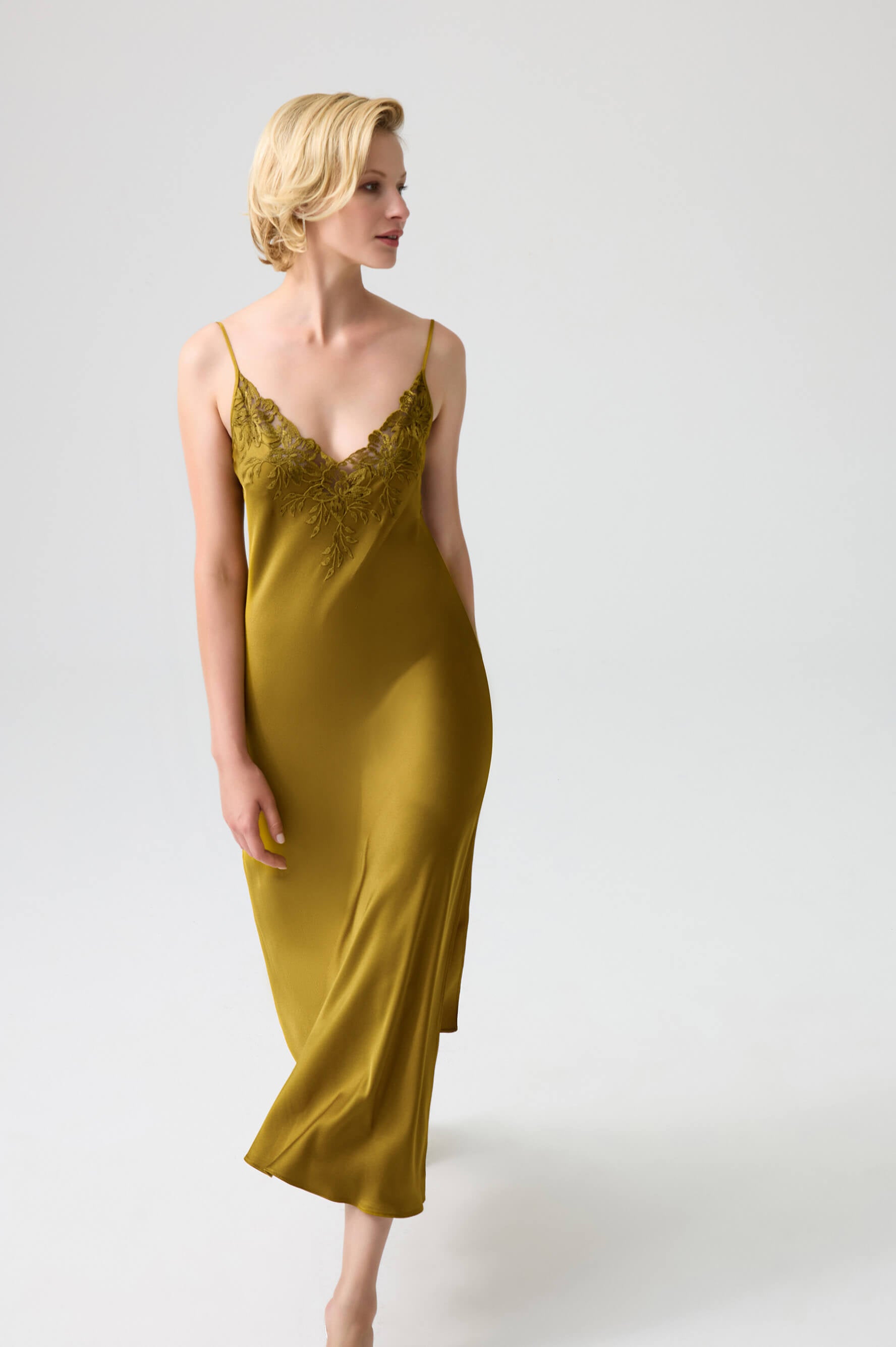 Olivia - Trimmed Long Rayon Robe Set with Matching Inner Nightie - Olive Oil Green