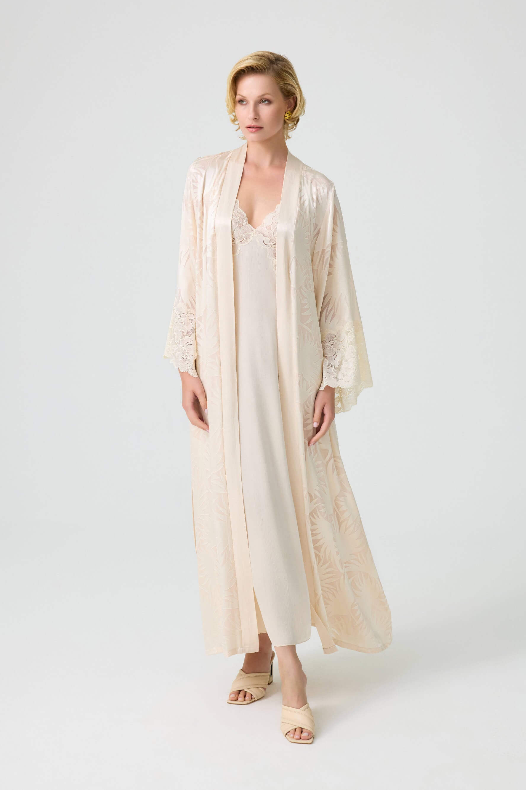 Charlotte - Trimmed Silky Robe Set with Inner Nightie - Vanilla