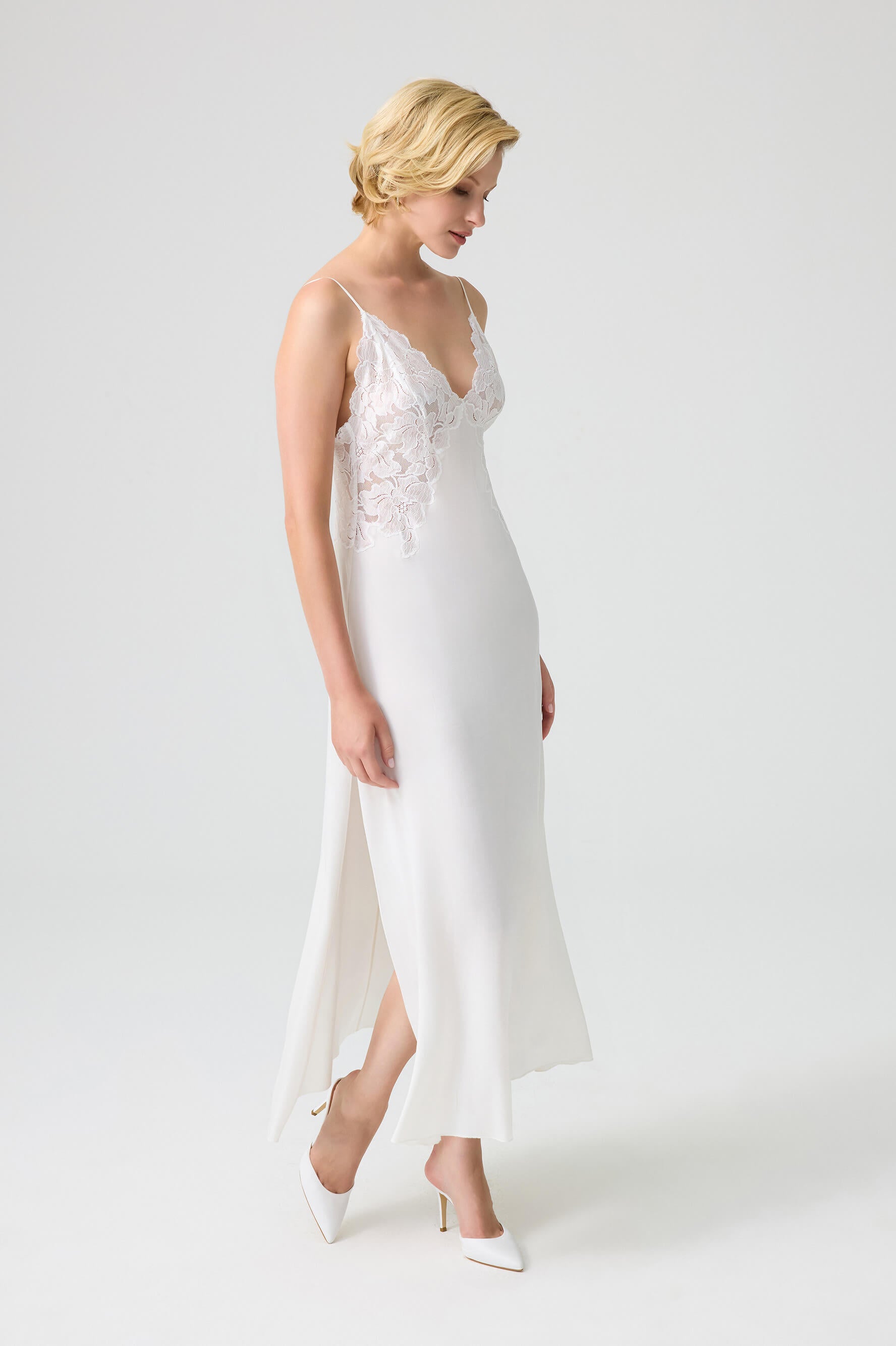 Silky Charlotte - Trimmed Robe Set with CUPRO Inner Nightie - Off White