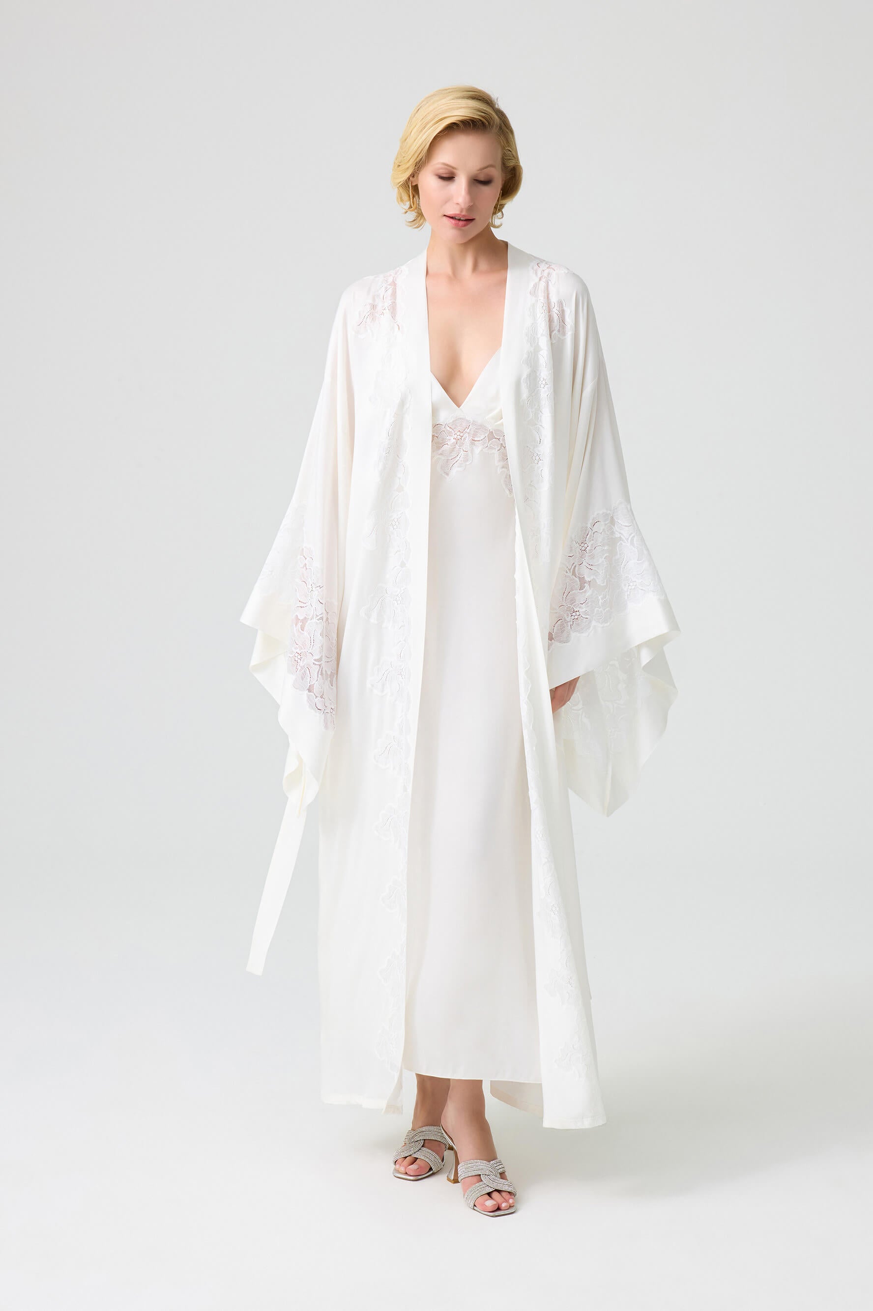 Arabella Long CUPRO Robe Set with Off White Lace on Off White