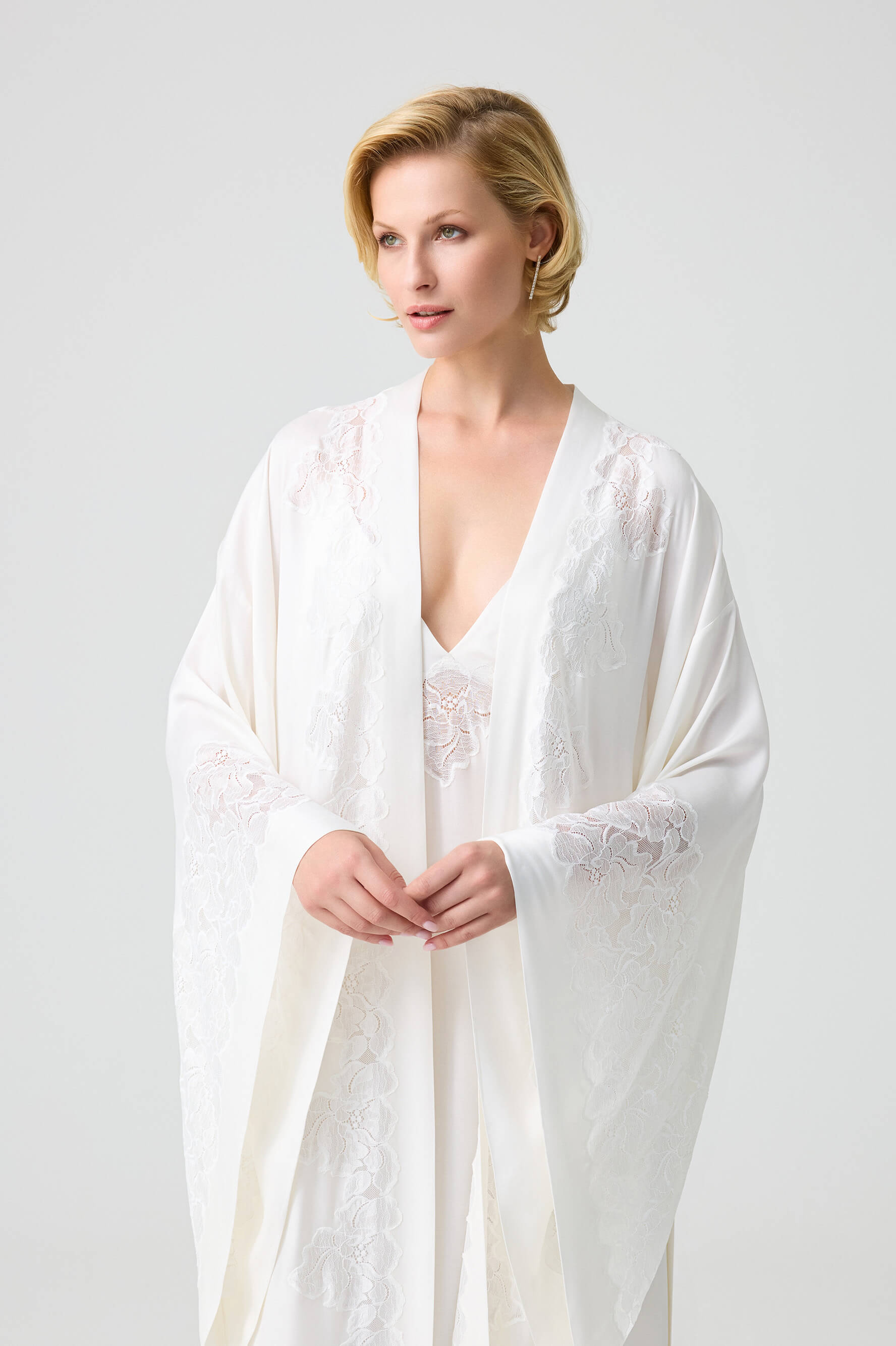 Arabella Long CUPRO Robe Set with Off White Lace on Off White
