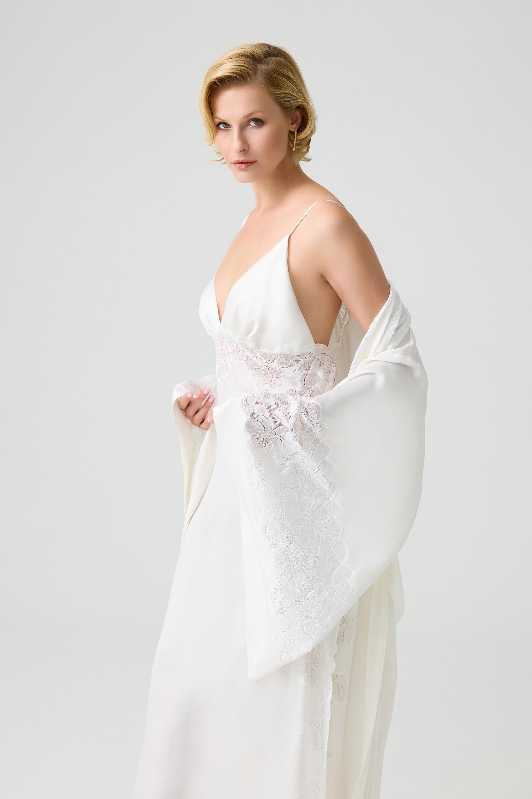 Arabella Long CUPRO Robe Set with Off White Lace on Off White