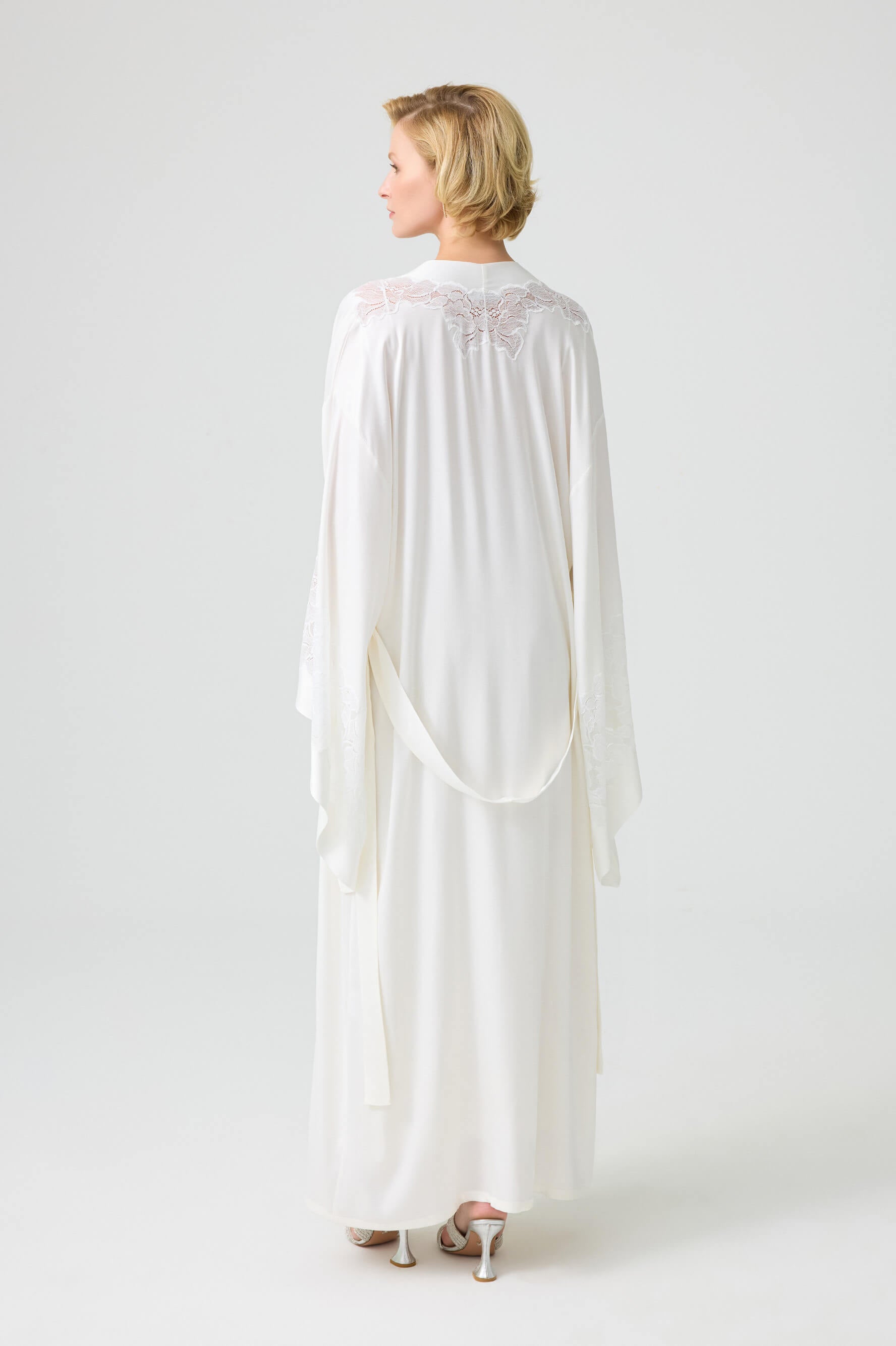 Arabella Long CUPRO Robe Set with Off White Lace on Off White