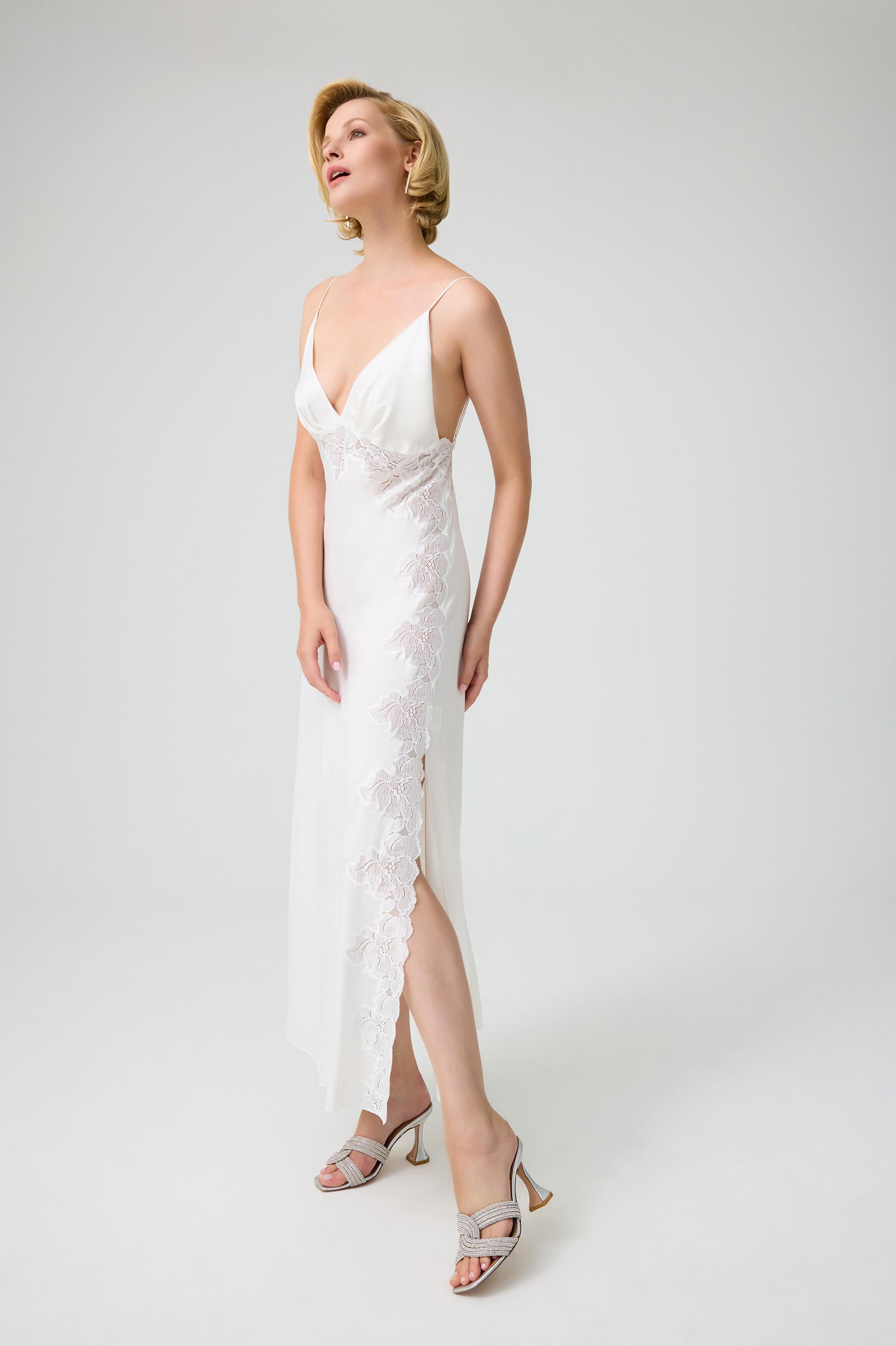 Arabella Long CUPRO Robe Set with Off White Lace on Off White