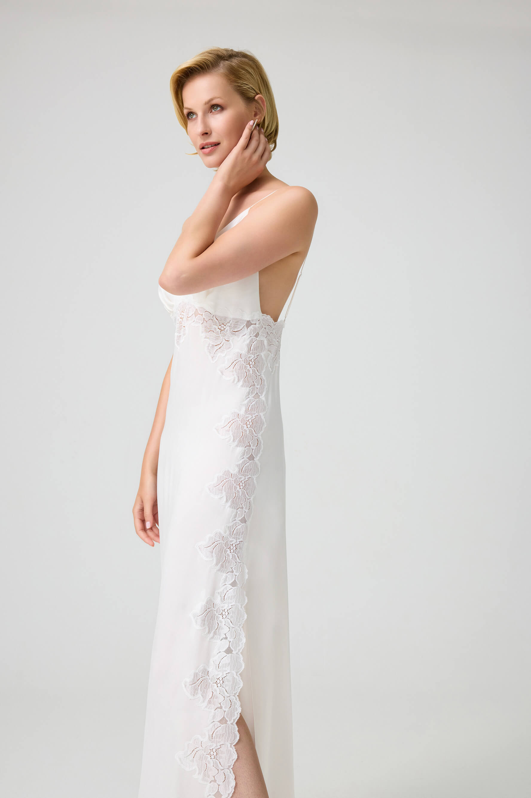 Arabella Long CUPRO Robe Set with Off White Lace on Off White