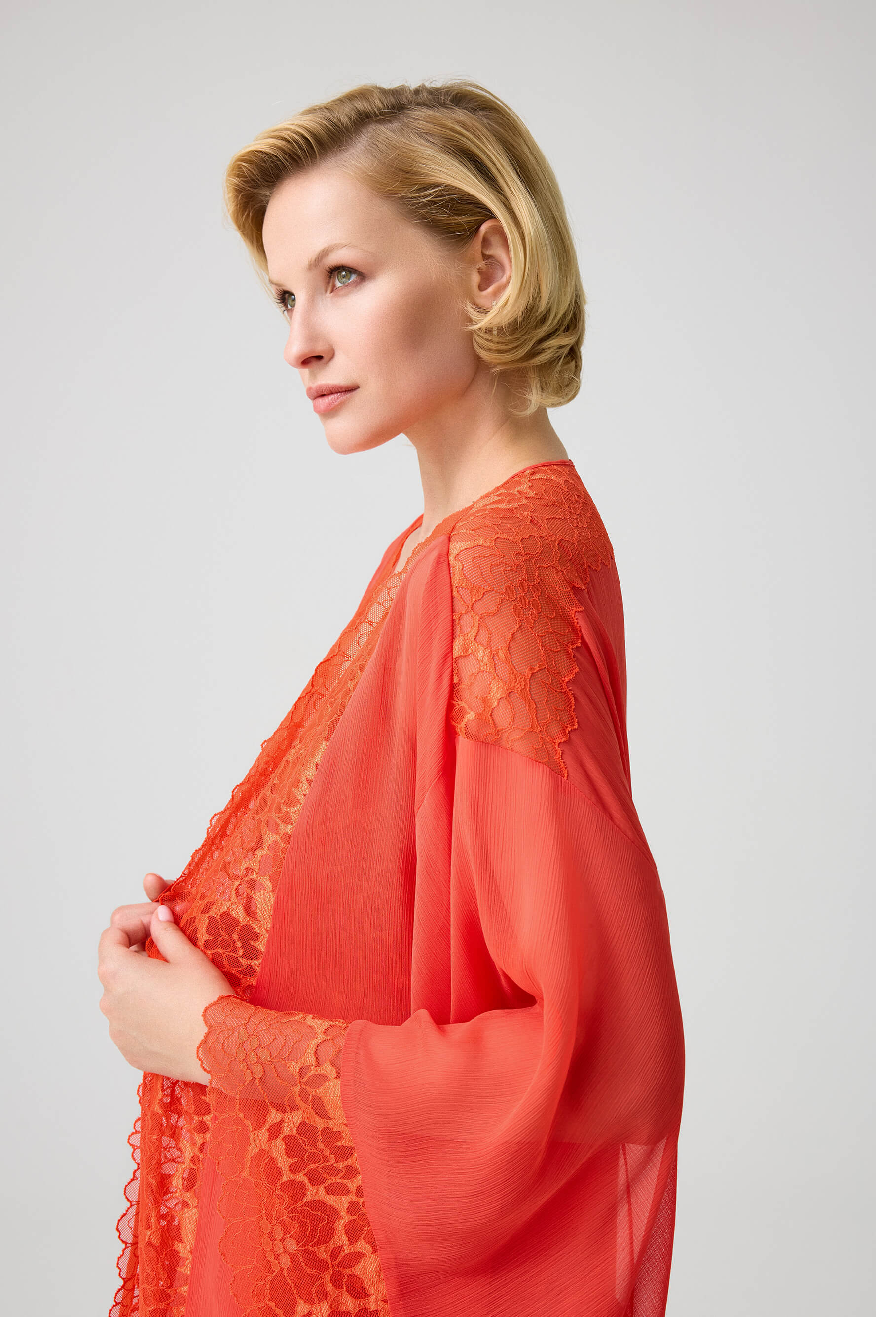Gabriella Long Silky Chiffon Robe Set with Dark Orange Lace on Dark Orange