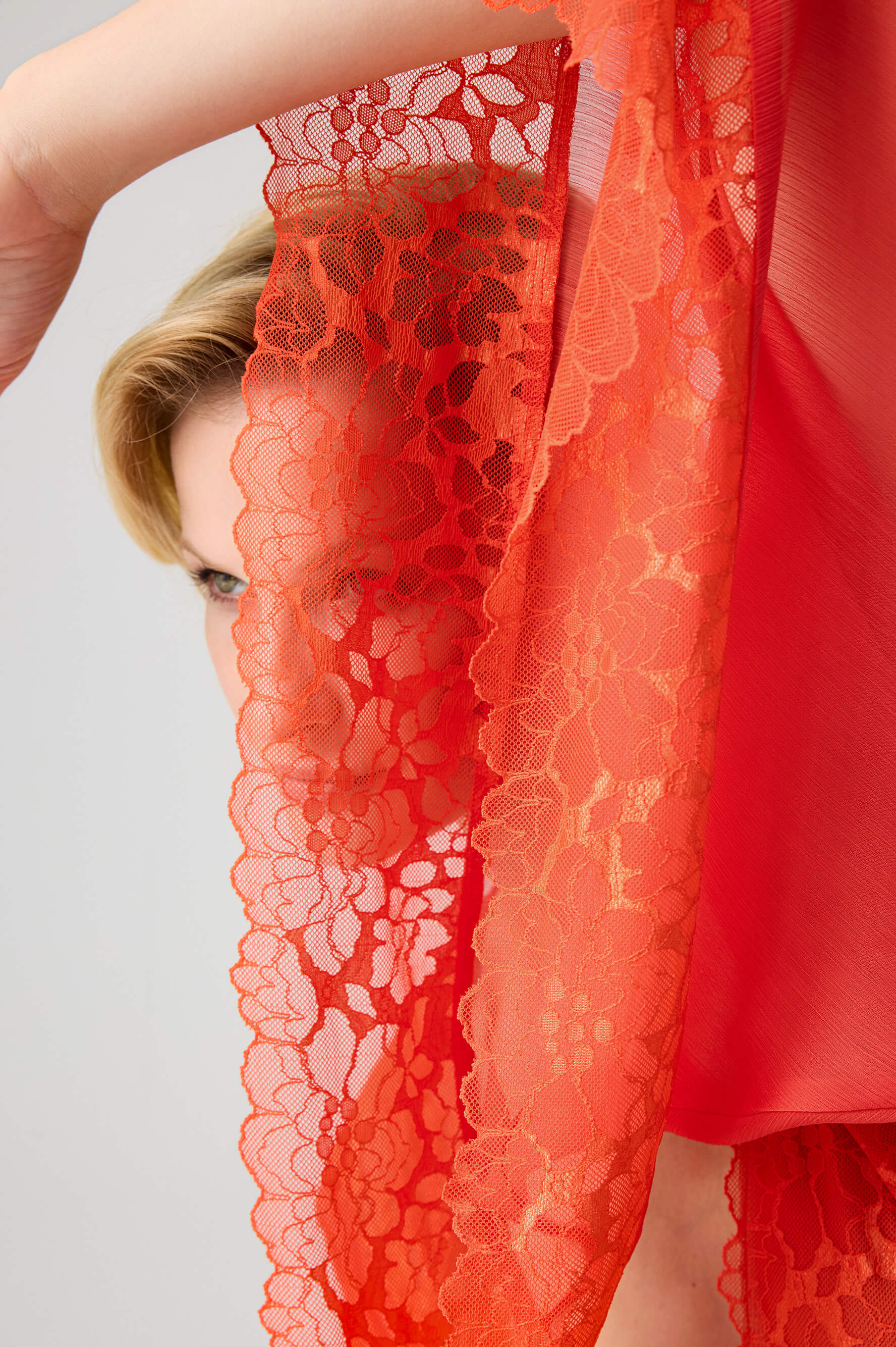 Gabriella Long Silky Chiffon Robe Set with Dark Orange Lace on Dark Orange