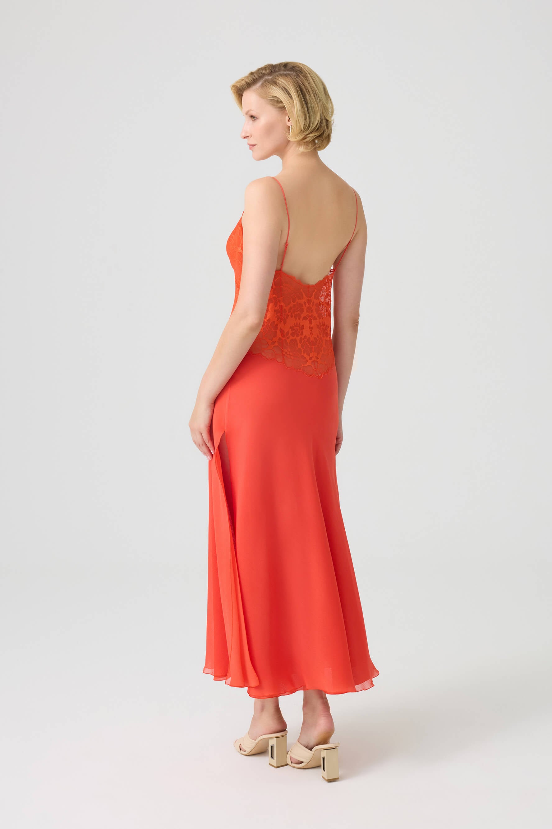 Gabriella Long Silky Chiffon Robe Set with Dark Orange Lace on Dark Orange