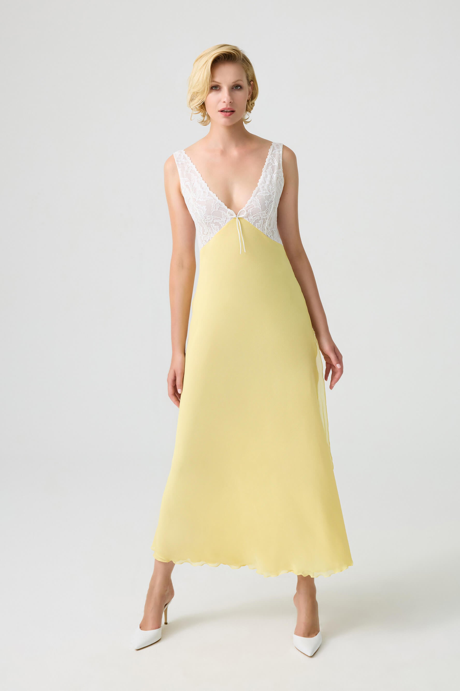 Seraphina - Trimmed Double Layered Silky Crepe with Silky Chiffon Inner Nightgown - Yellow and White