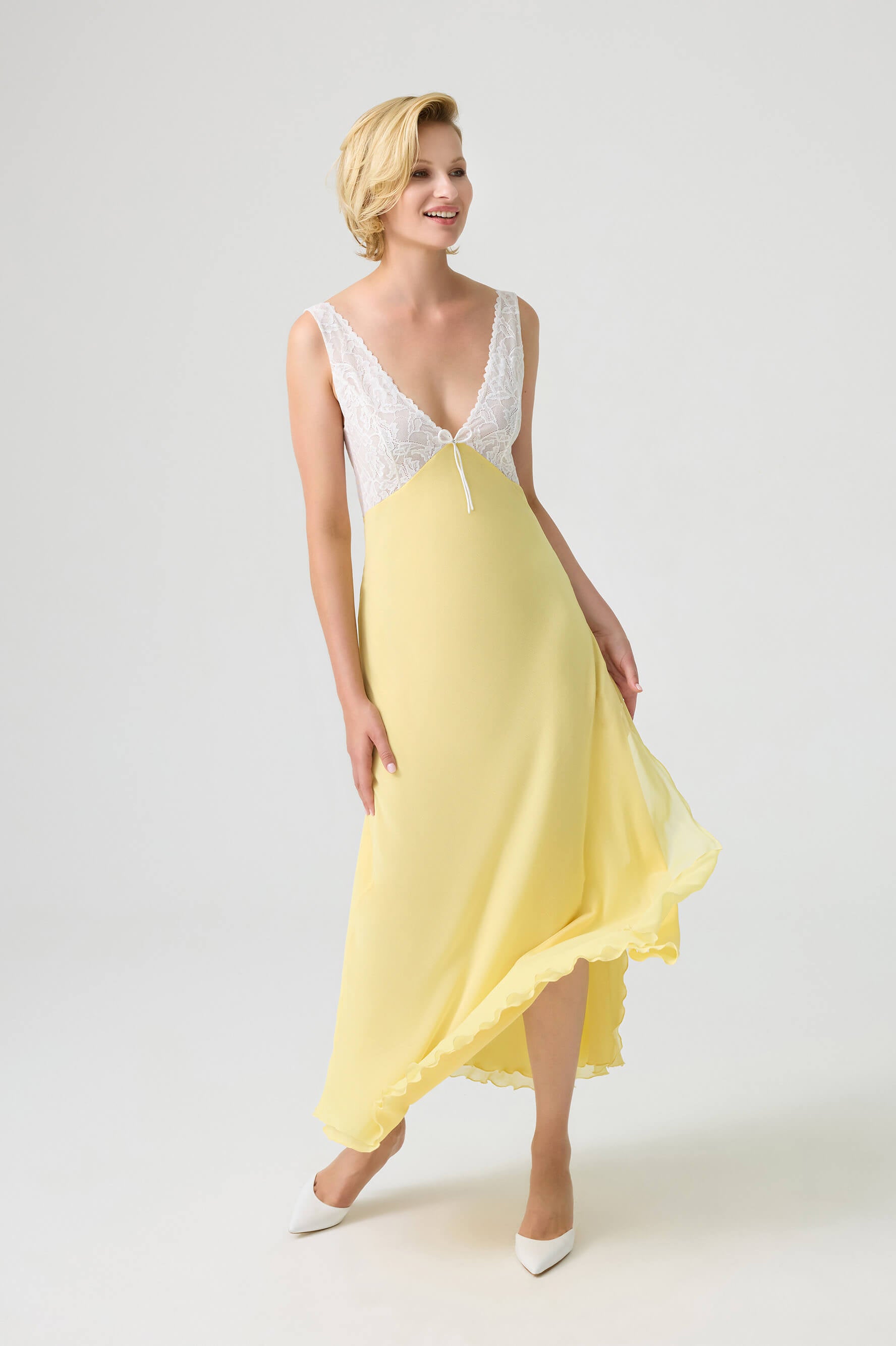Seraphina - Trimmed Double Layered Silky Crepe with Silky Chiffon Inner Nightgown - Yellow and White