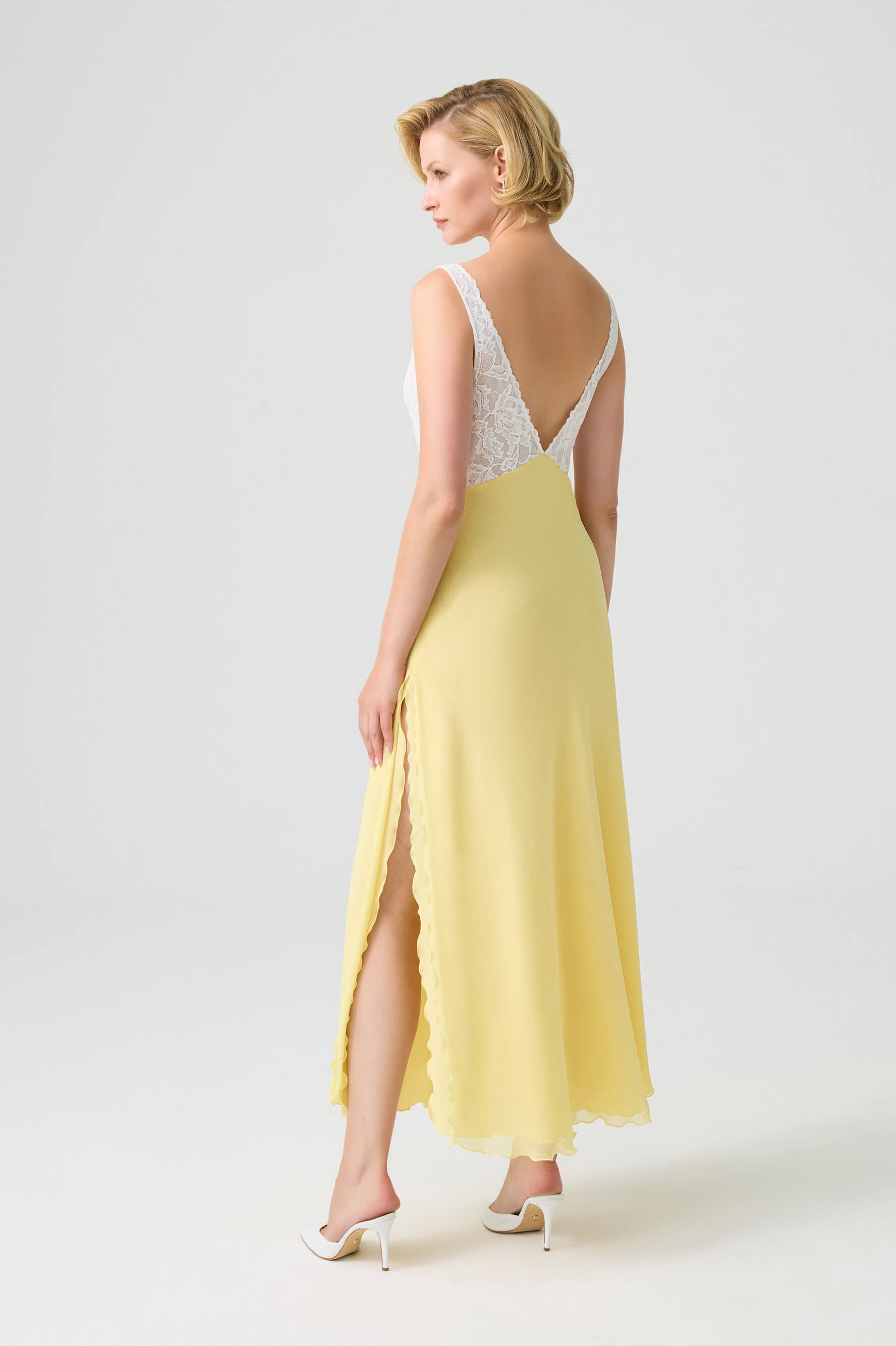 Seraphina - Trimmed Double Layered Silky Crepe with Silky Chiffon Inner Nightgown - Yellow and White