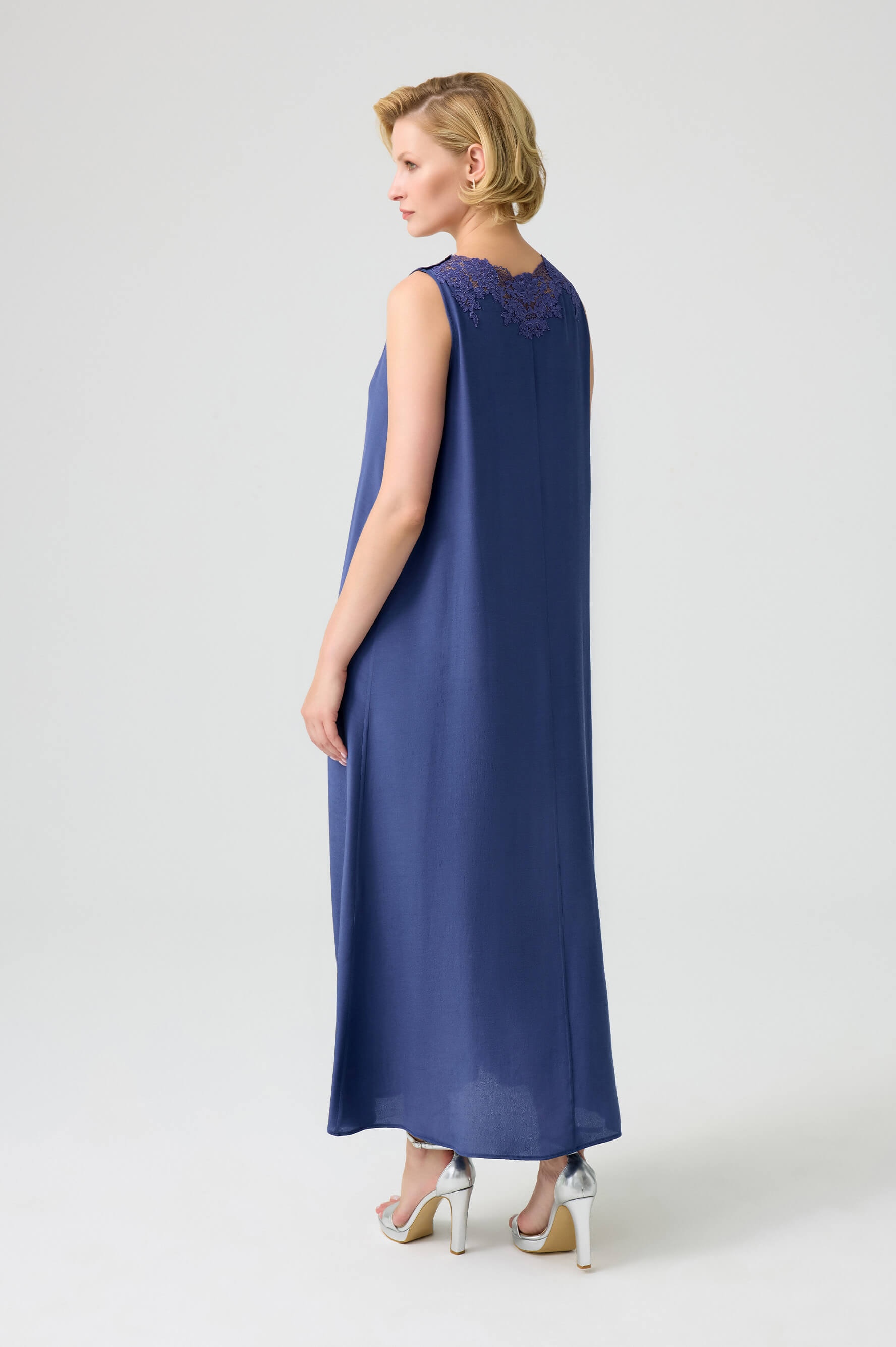 Maud - Trimmed Rayon Buttoned Inner Nightgown on Shoulder - Navy Blue