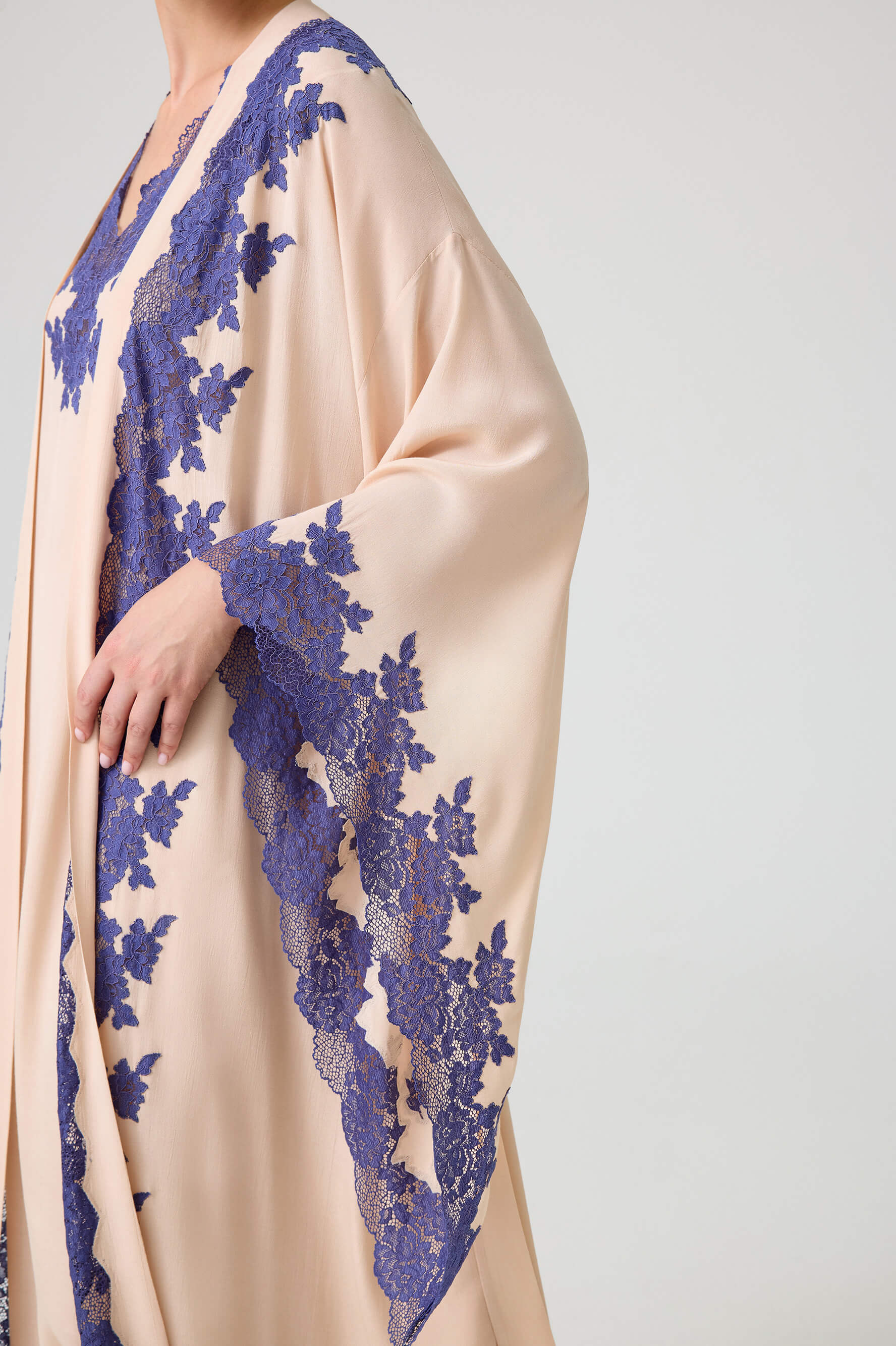 Marina Trimmed Long Rayon Kimono Set With Buttoned Inner Nightie On Shoulder Beige Beige Silk — Bocan Couture luxury nightwear, look 3