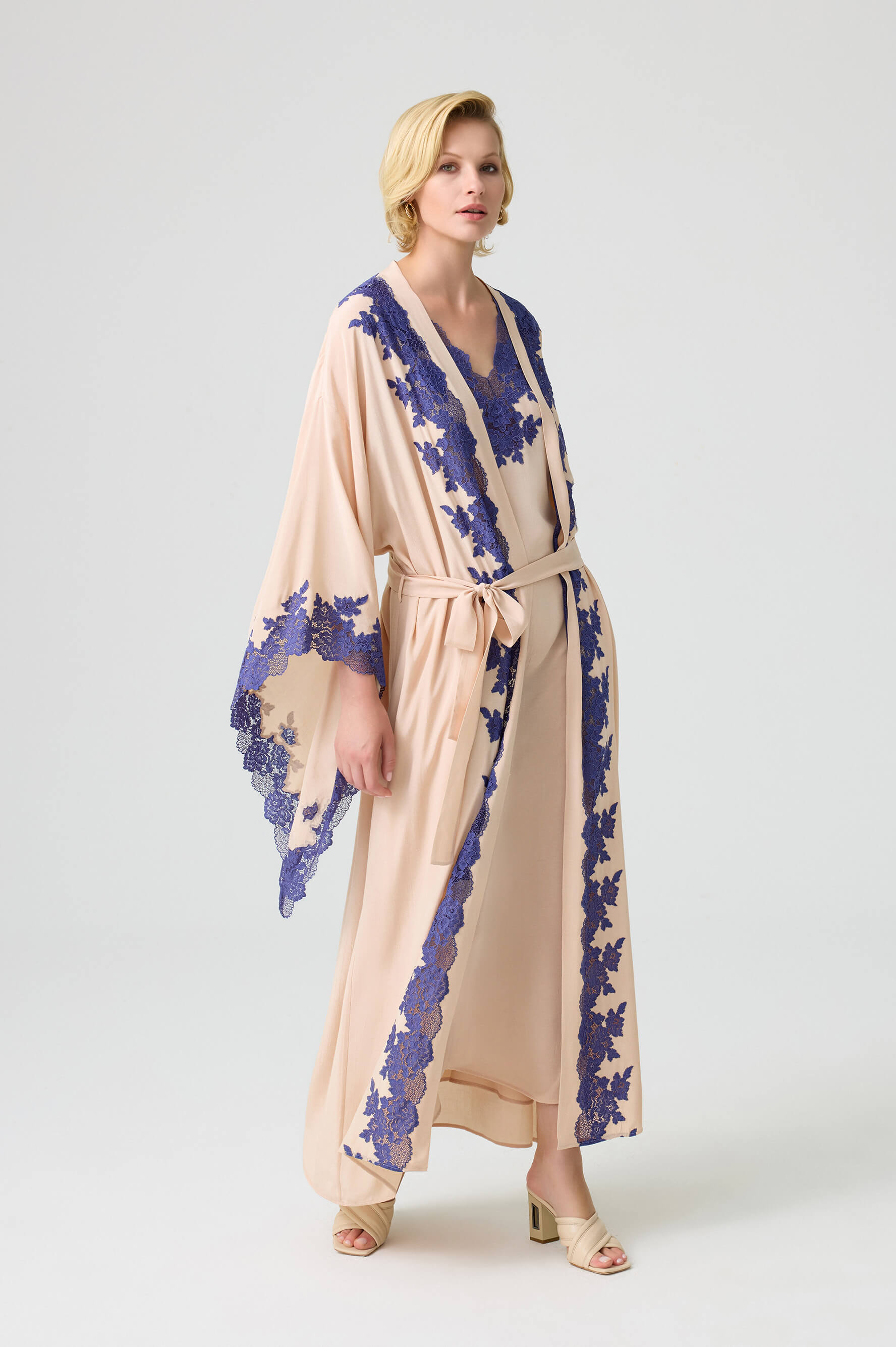 Marina Trimmed Long Rayon Kimono Set With Buttoned Inner Nightie On Shoulder Beige Beige Silk — Bocan Couture luxury nightwear, look 2