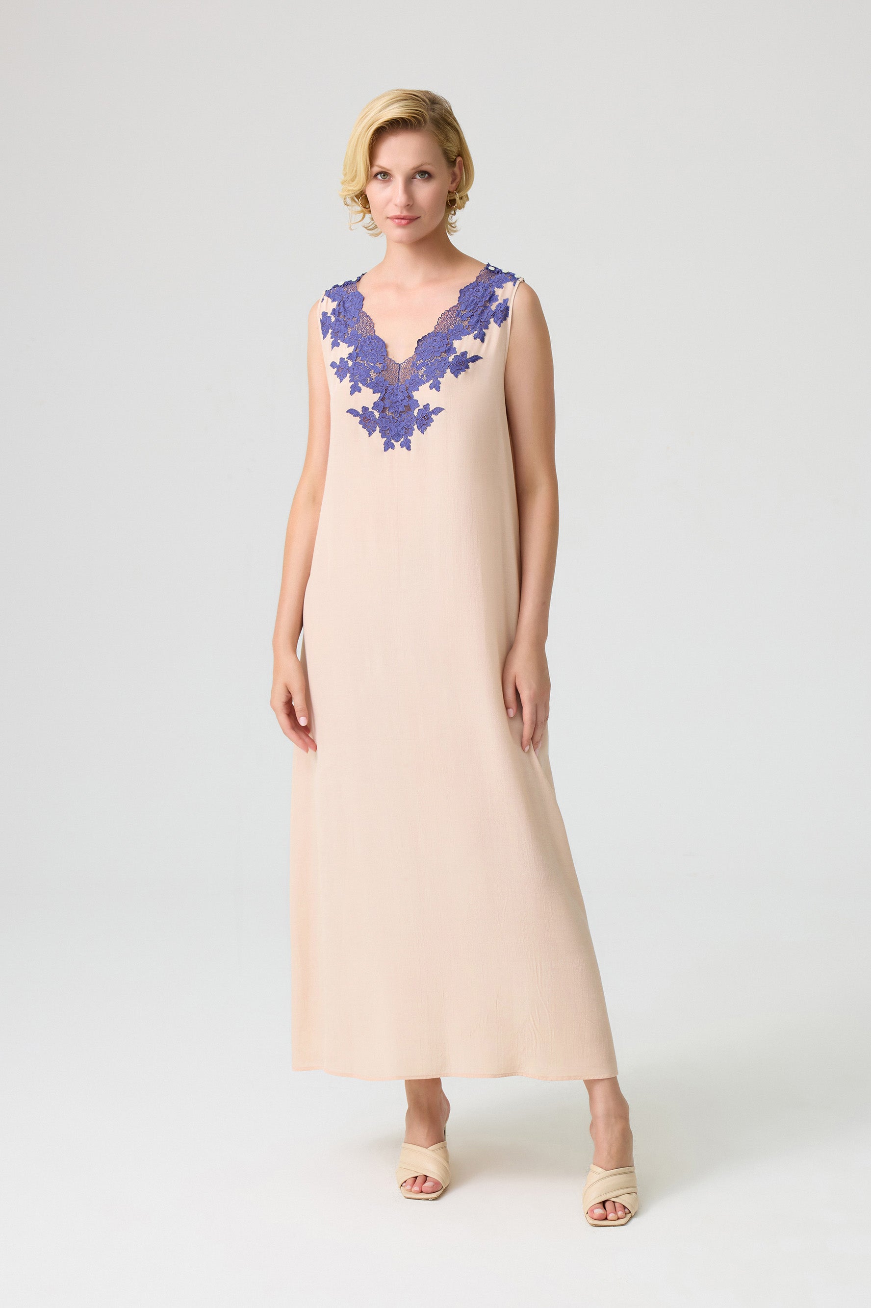 Maud -Trimmed Rayon Buttoned Inner Nightgown on Shoulder - Beige