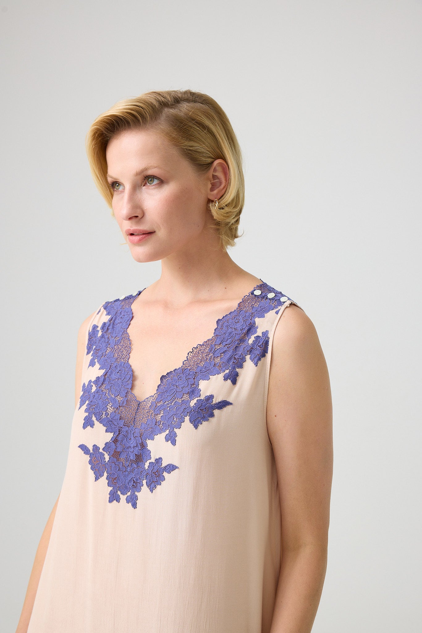 Maud -Trimmed Rayon Buttoned Inner Nightgown on Shoulder - Beige