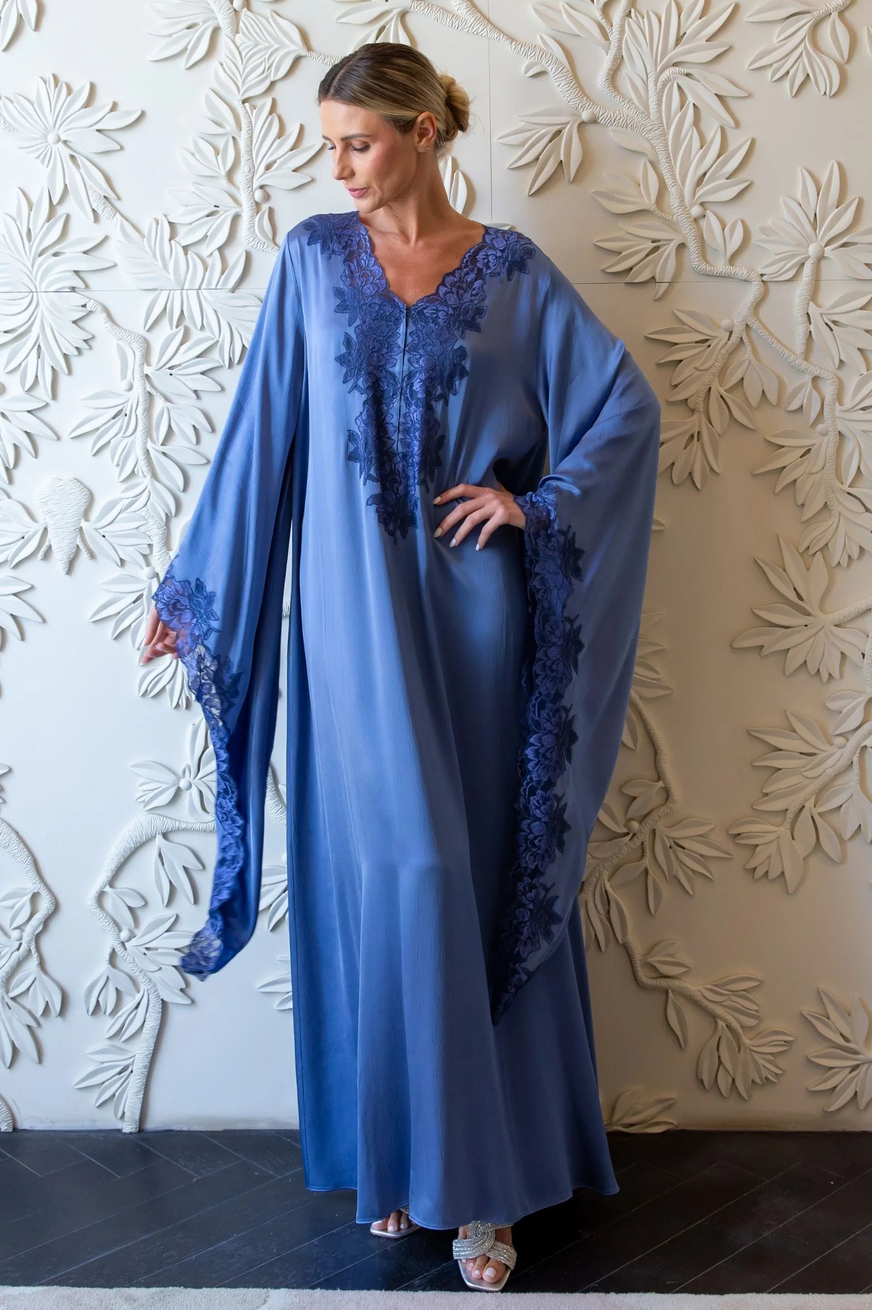 Adelaide Trimmed Long Zippered Dress - Indigo with Navy Blue Lace