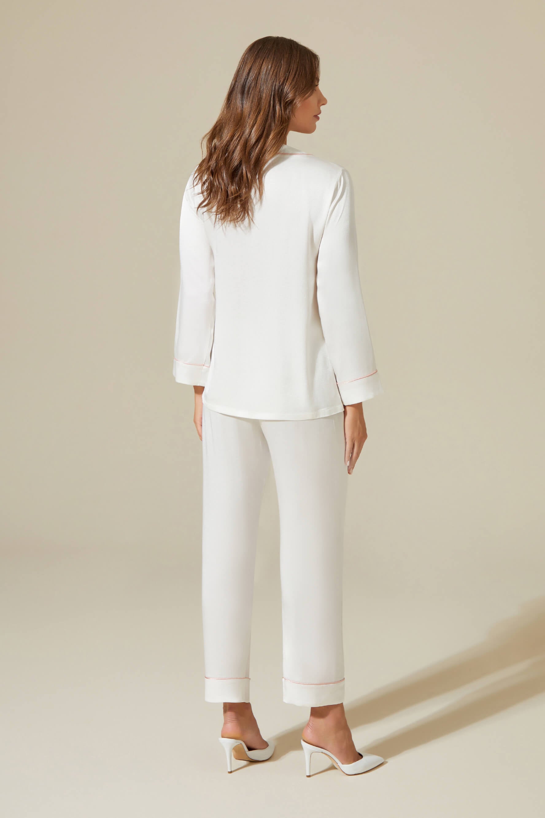 Belladonna - Trimmed Rayon and Buttoned Long Sleeve Pyjama Set -Off white with Shell Pink Pipe