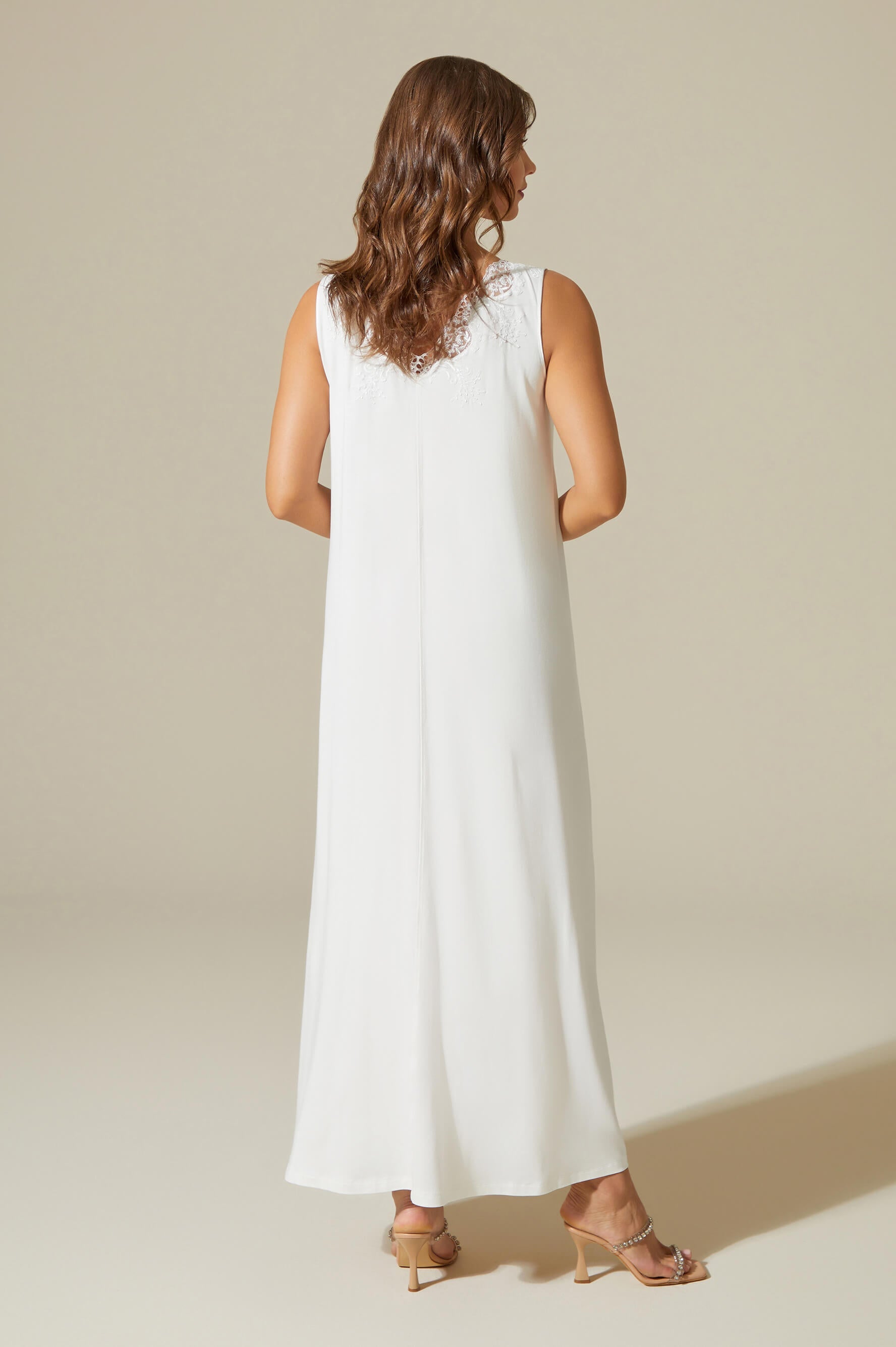 Luna Long Trimmed and Buttoned Cotton Nightgown - Off White on Off White