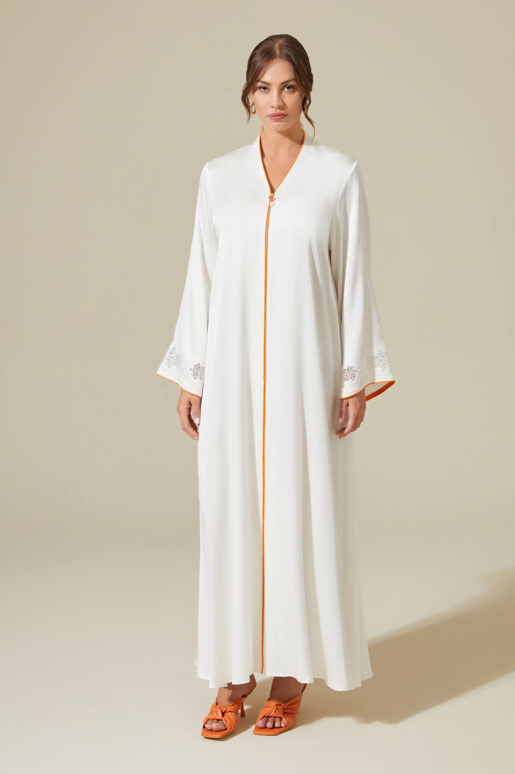 Abelia - Trimmed Long Zippered Dress -Off White with Orange Pipe