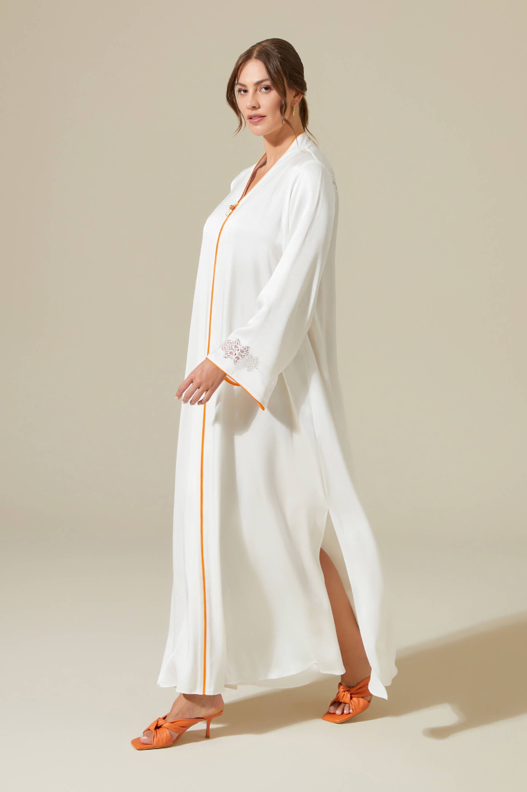 Abelia - Trimmed Long Zippered Dress -Off White with Orange Pipe