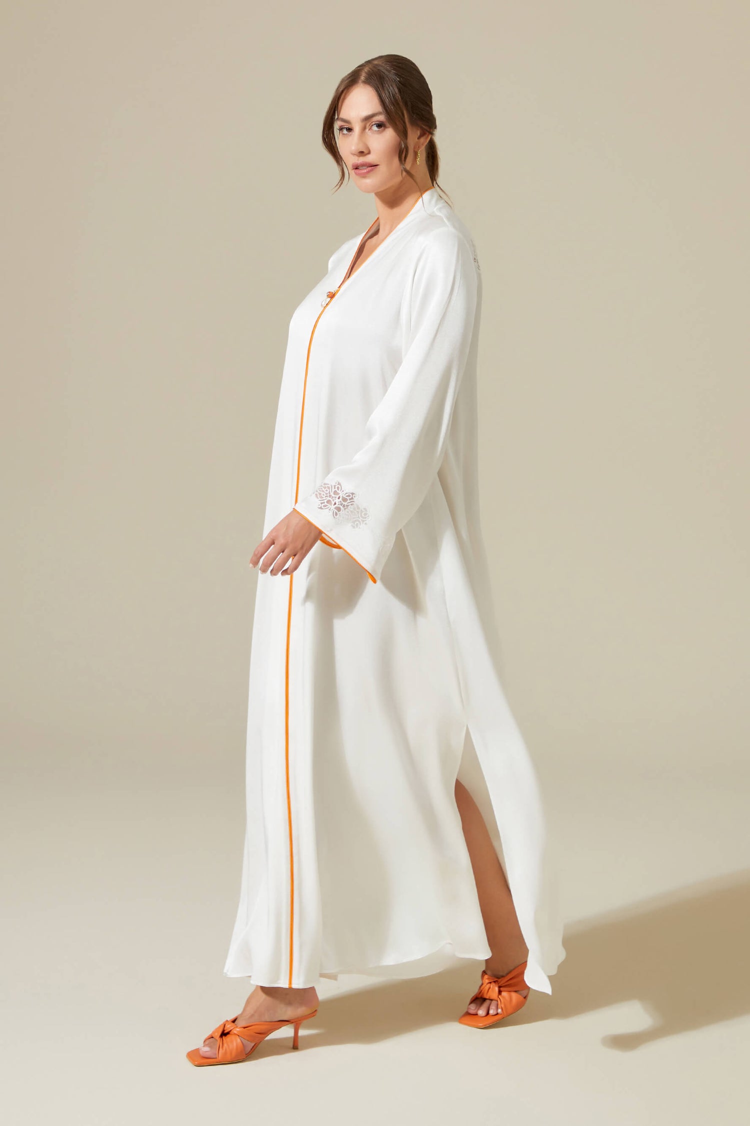 Abelia - Trimmed  Long Zippered Dress -Off White with Orange Pipe