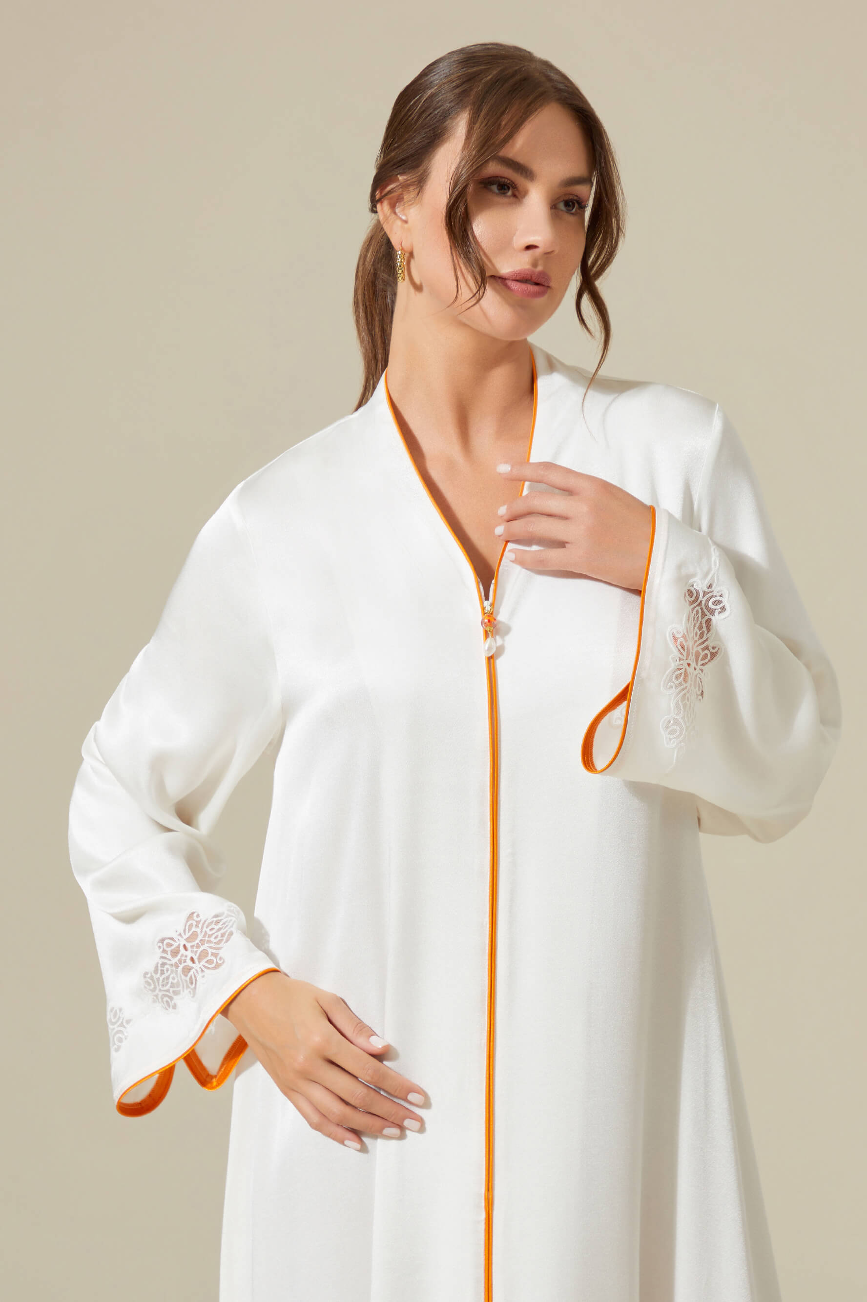 Abelia - Trimmed Long Zippered Dress -Off White with Orange Pipe