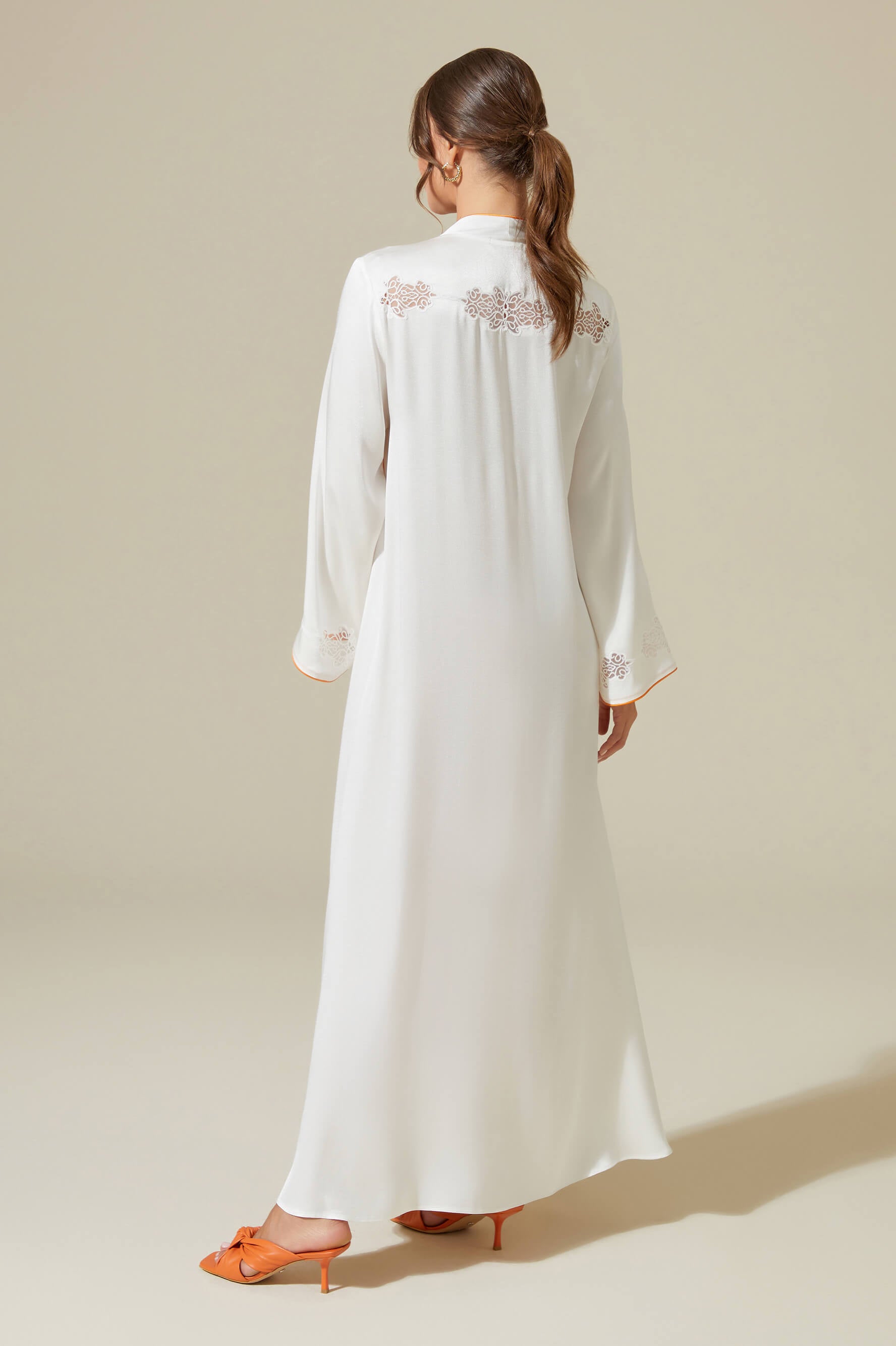Abelia - Trimmed Long Zippered Dress -Off White with Orange Pipe