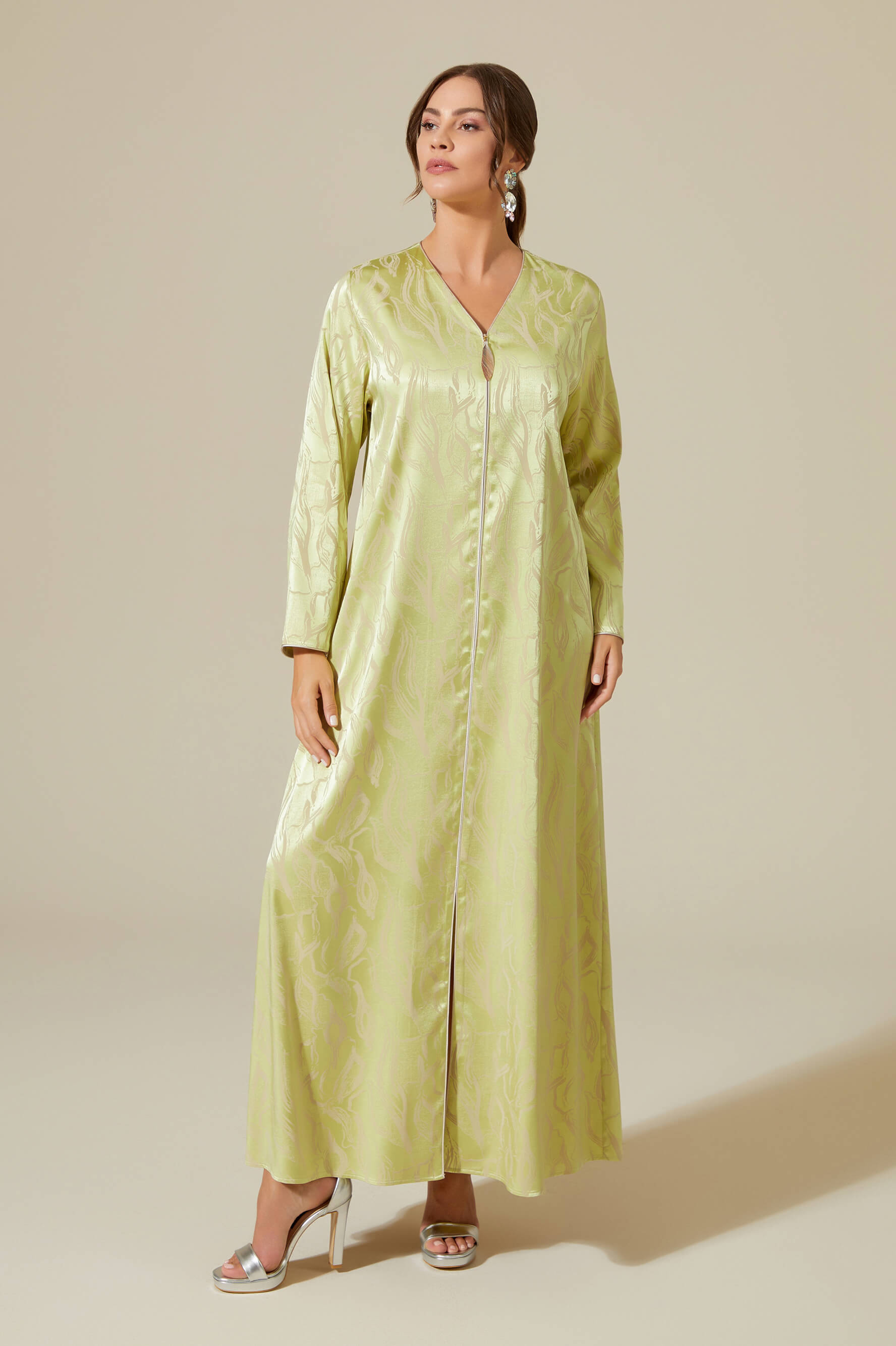 Sahara - Luxury Patterned and Zippered Rayon Full Length Dress - Pistachio Green