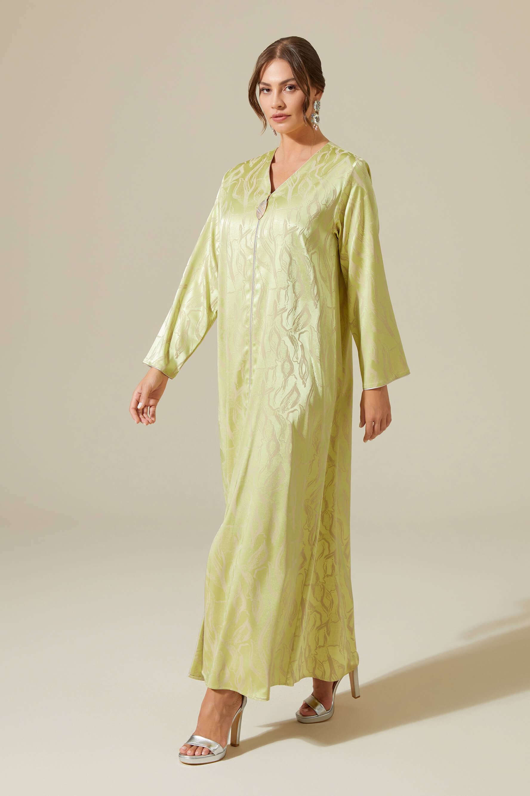 Sahara - Luxury Patterned and Zippered Rayon Full Length Dress - Pistachio Green