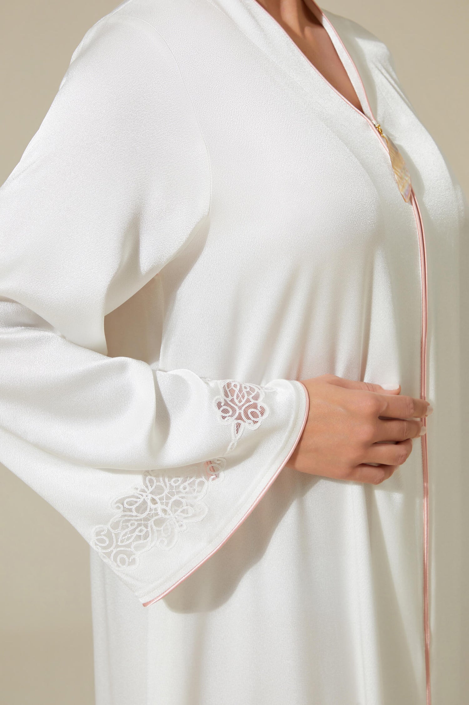 Abelia - Trimmed  Long Zippered Dress -Off White with Shell Pink Pipe