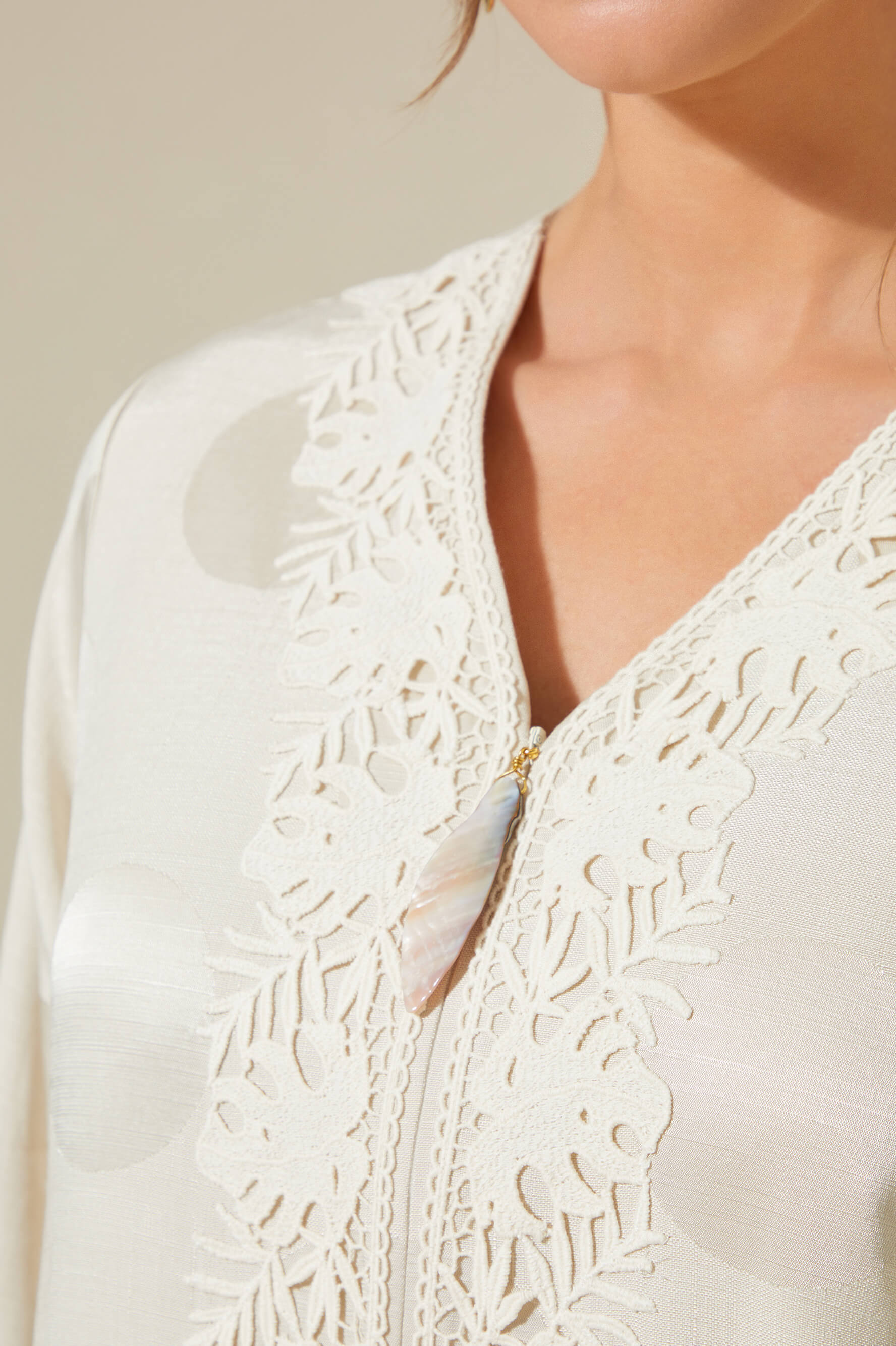 Luv - Trimmed Long Zippered Dress - Beige with Dots