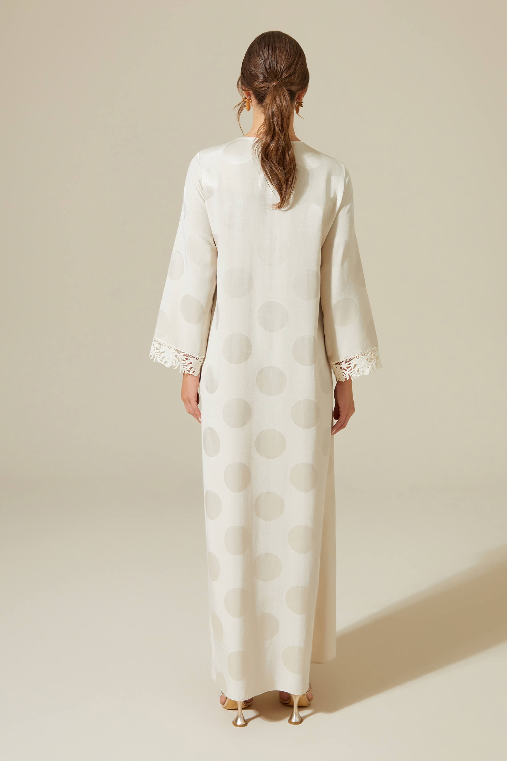 Luv - Trimmed Long Zippered Dress - Beige with Dots