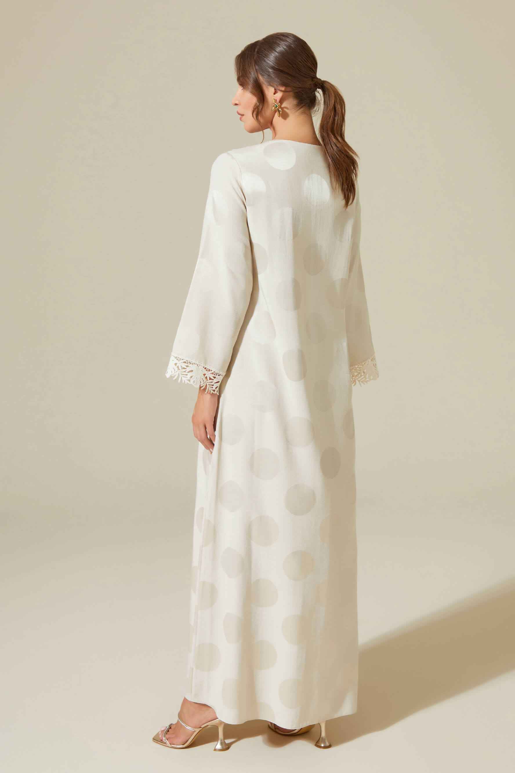 Luv - Trimmed Long Zippered Dress - Beige with Dots