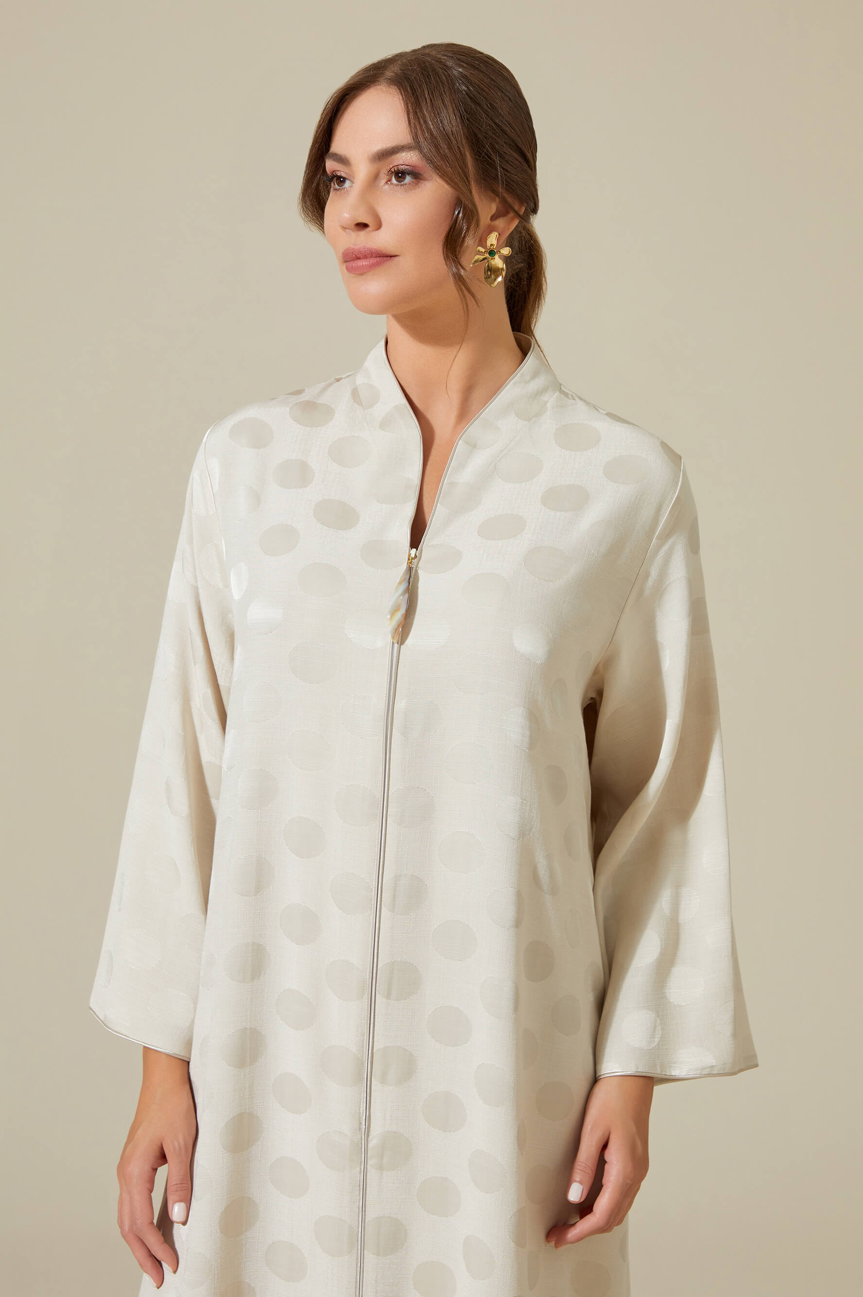 Luv the Petite - Long Zippered Dress - Beige with Dots