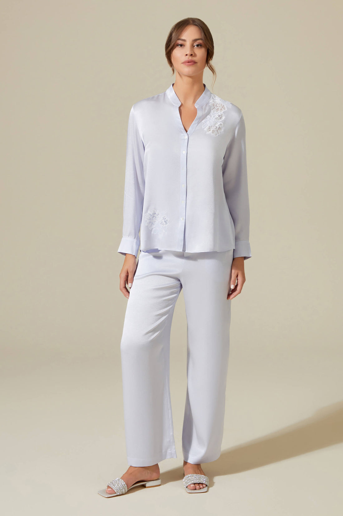 Ayana Trimmed Rayon and Buttoned Long Sleeve Pyjama Set - Ice Blue