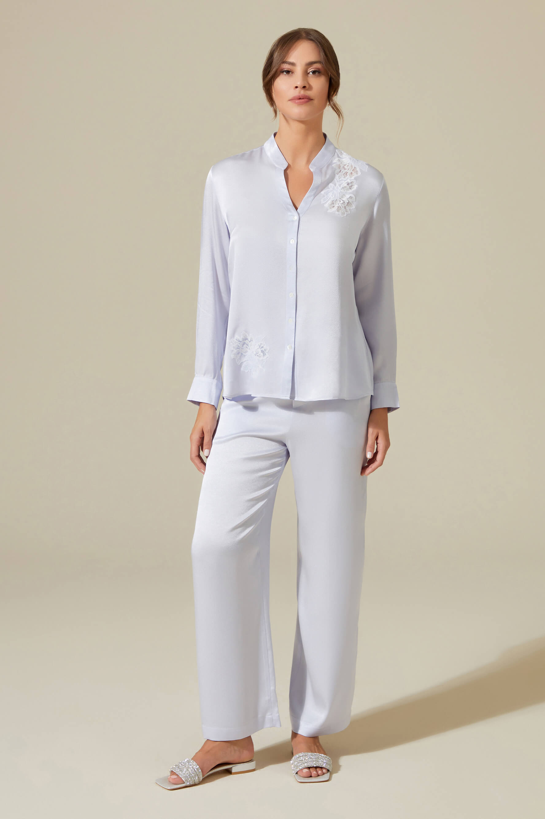 Ayana Trimmed Rayon and Buttoned Long Sleeve Pyjama Set - Ice Blue