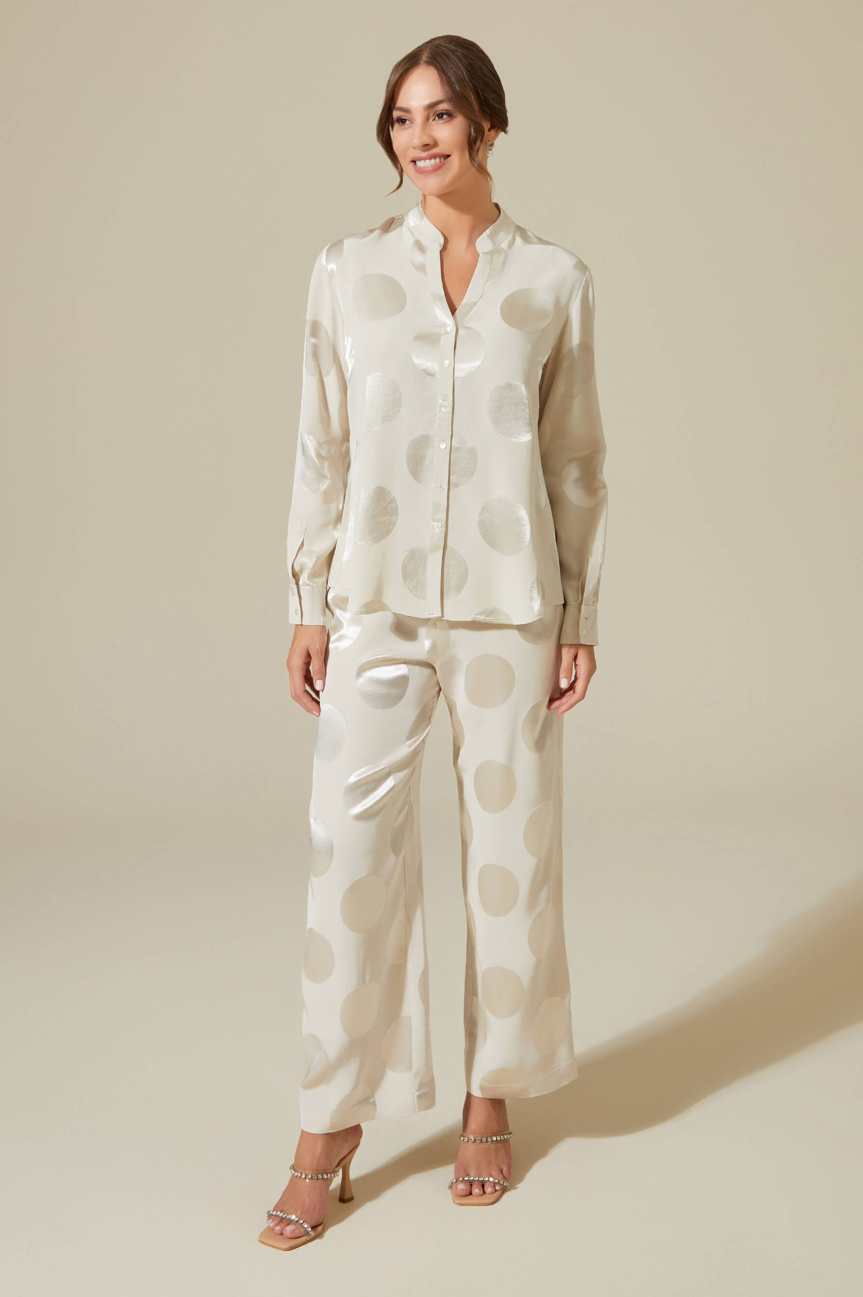 Ayana Rayon and Buttoned Long Sleeve Pyjama Set - Beige with Dots