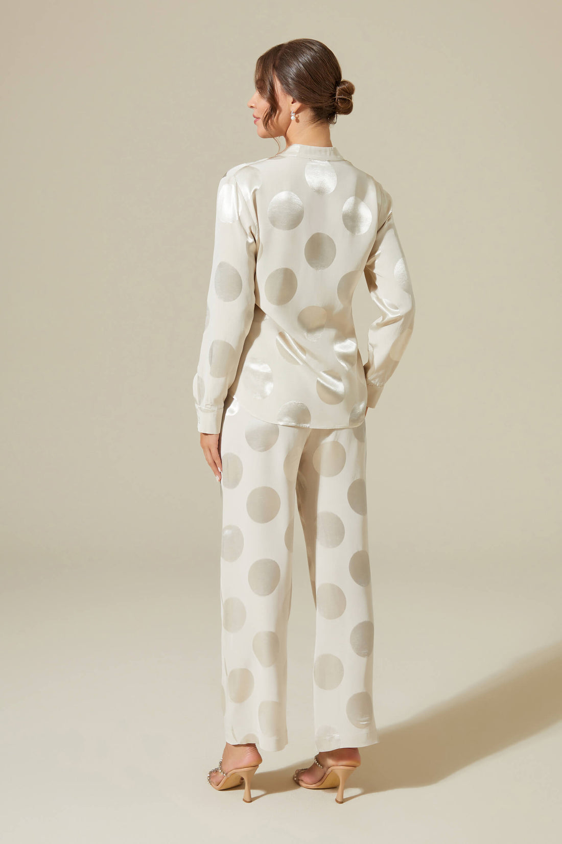 Ayana Rayon and Buttoned Long Sleeve Pyjama Set - Beige with Dots