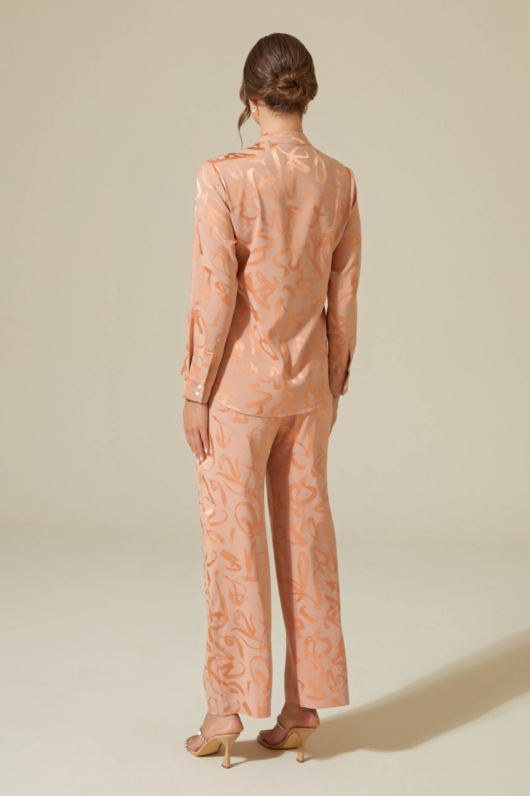 Ayana Printed Rayon and Buttoned Long Sleeve Pyjama Set - Dark Nude