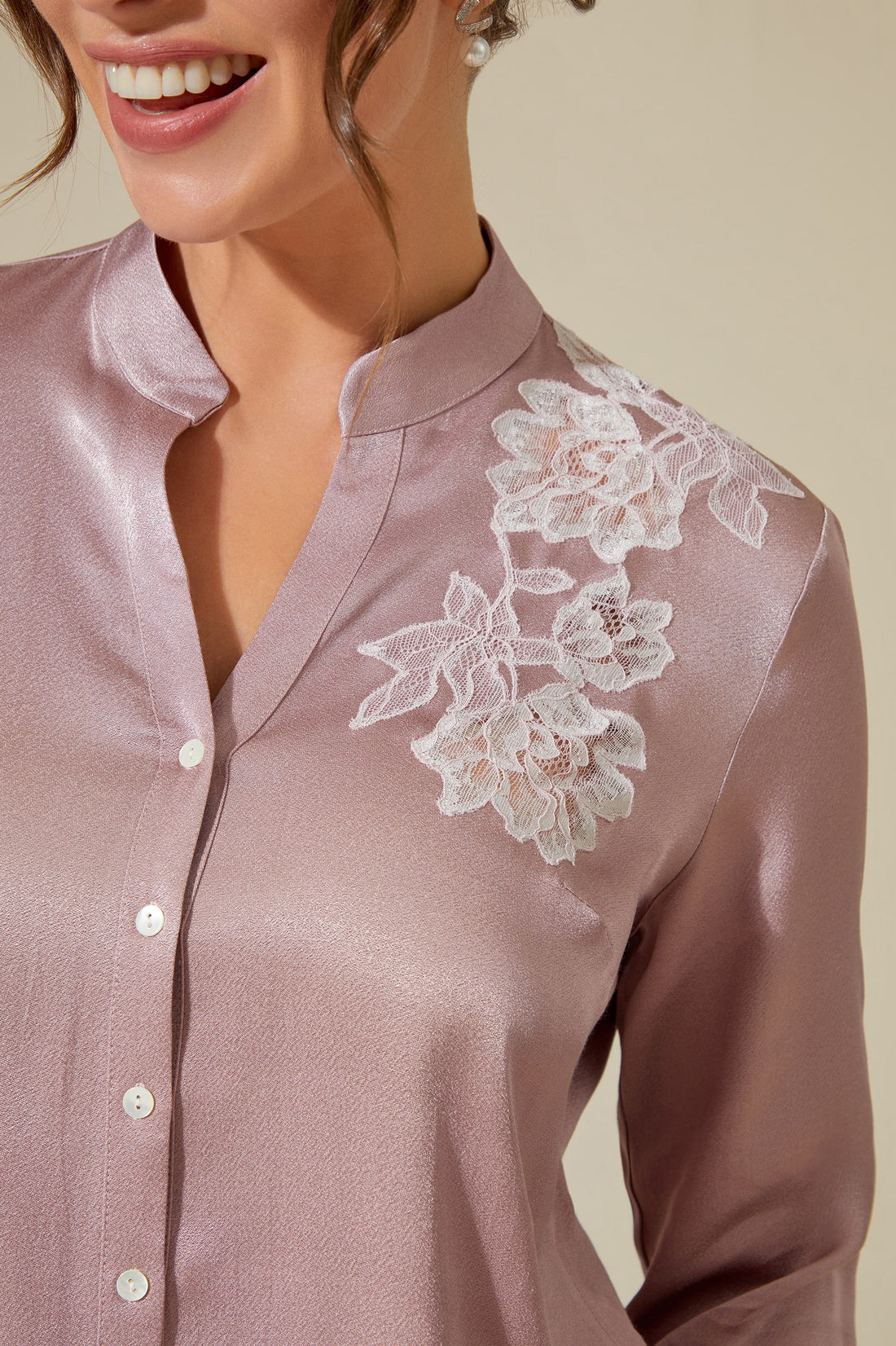 Ayana Trimmed Rayon and Buttoned Long Sleeve Pyjama Set - Powder