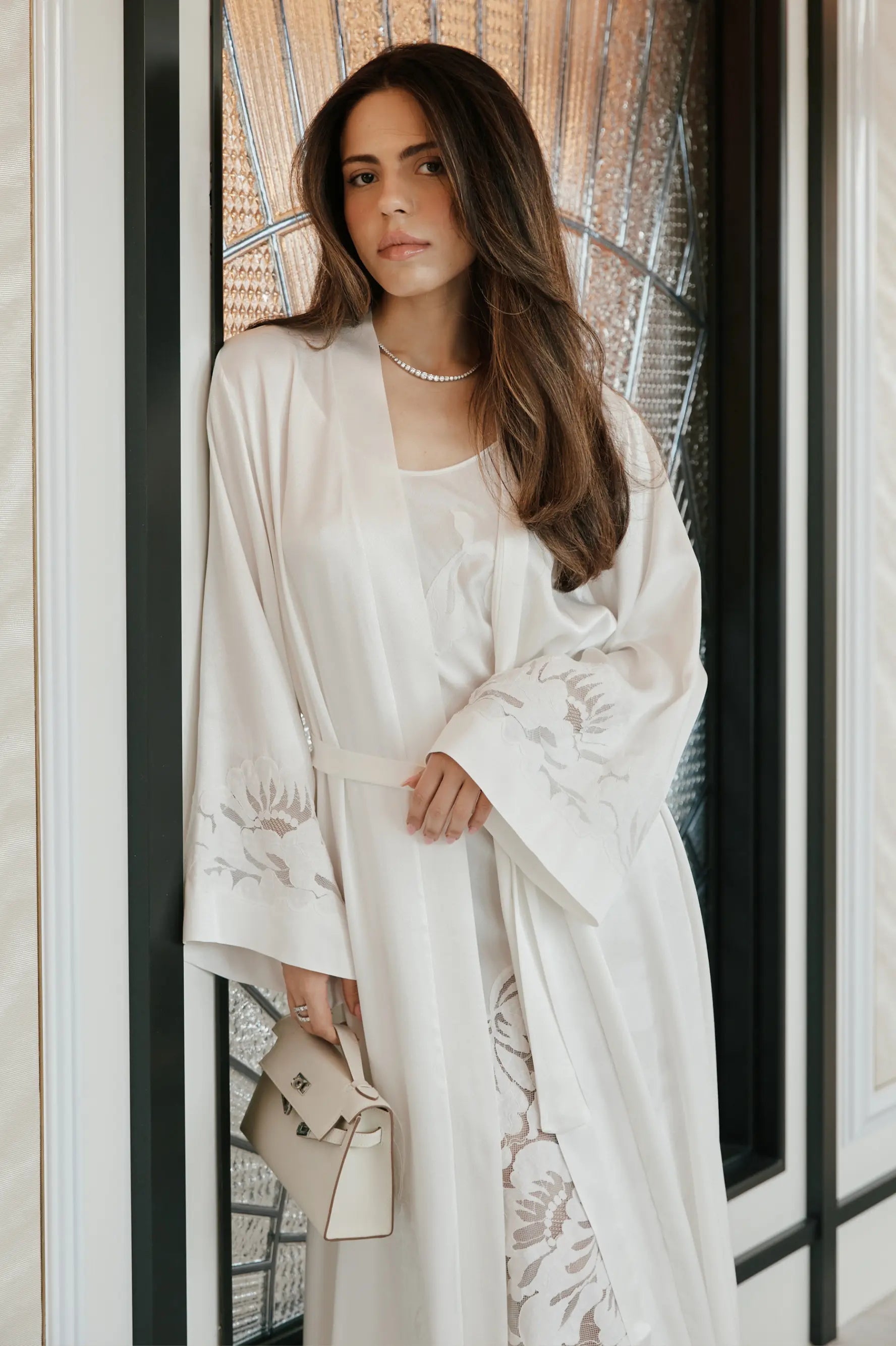 Dalia Long Rayon Robe Set with Off White Lace on Off White