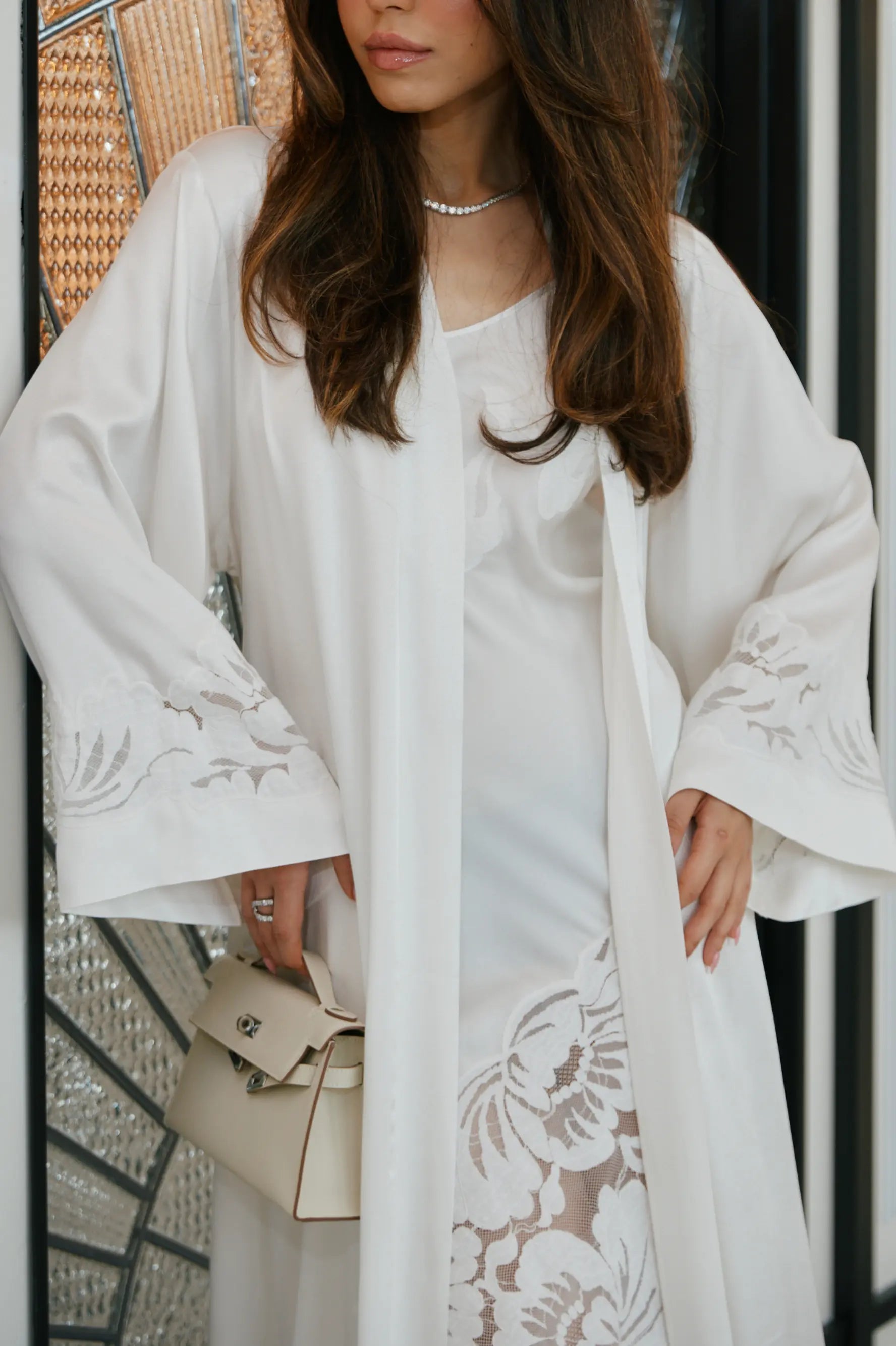 Dalia Long Rayon Robe Set with Off White Lace on Off White
