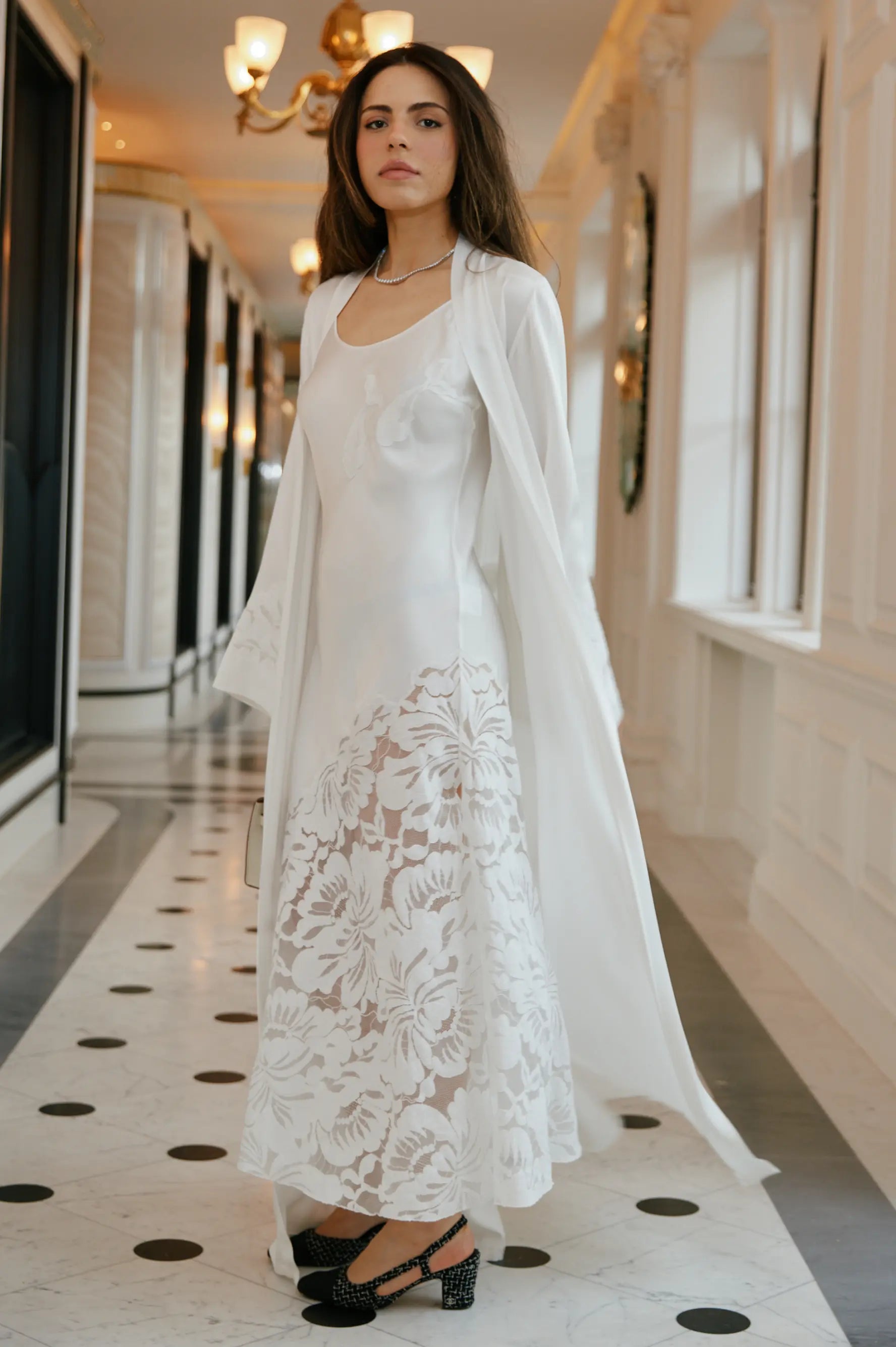 Dalia Long Rayon Robe Set with Off White Lace on Off White