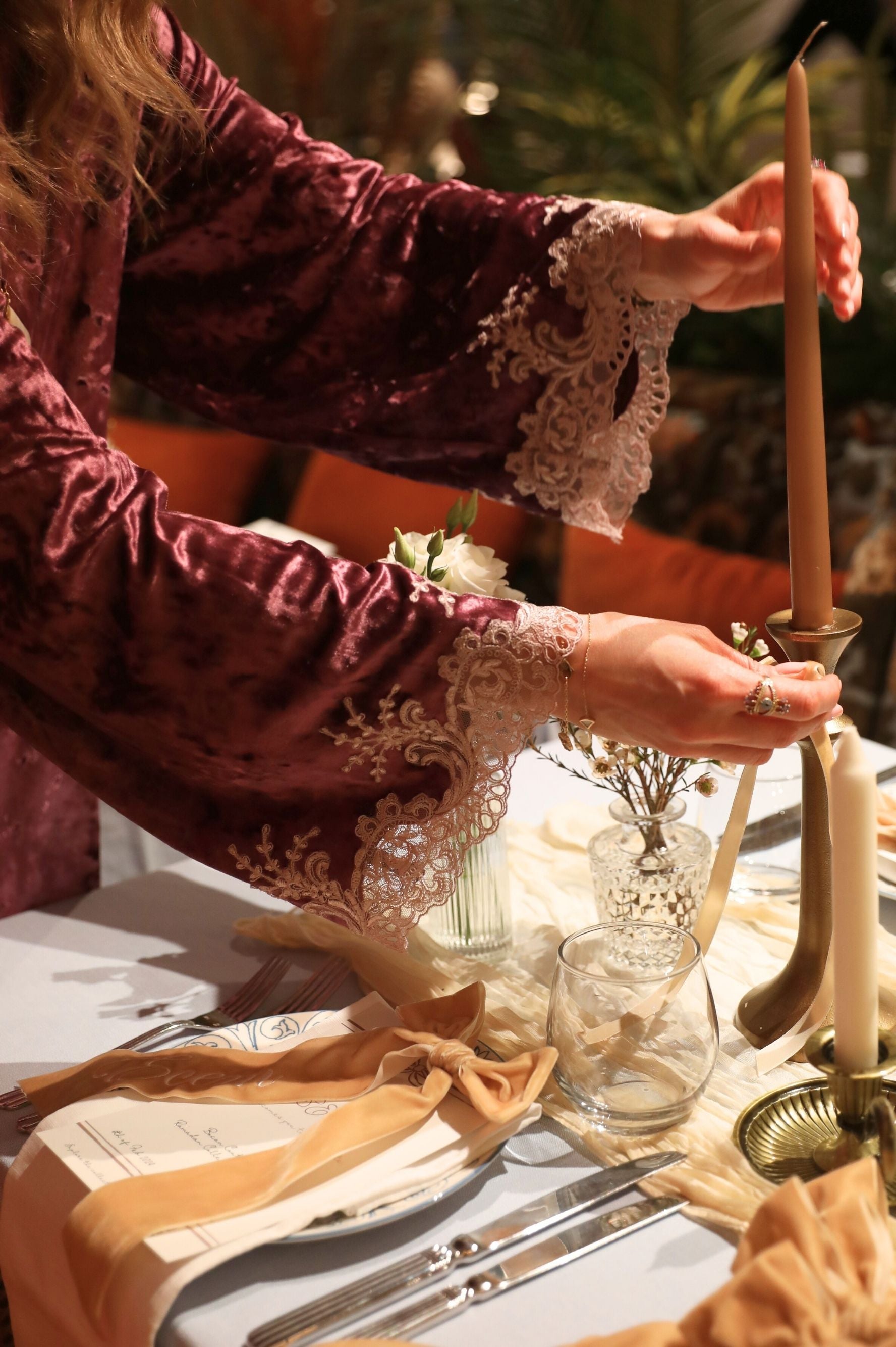 Noaf Long Velvet Zippered and Lace - Plum with Powder Lace