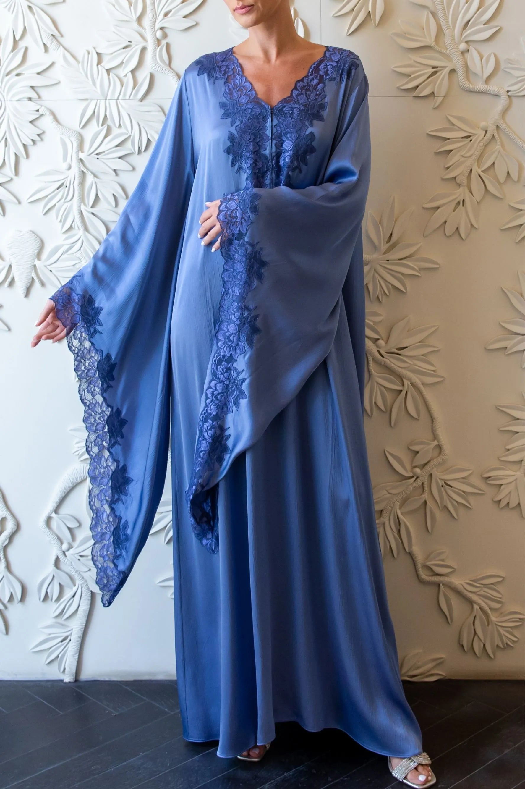 Adelaide Trimmed Long Zippered Dress - Indigo with Navy Blue Lace