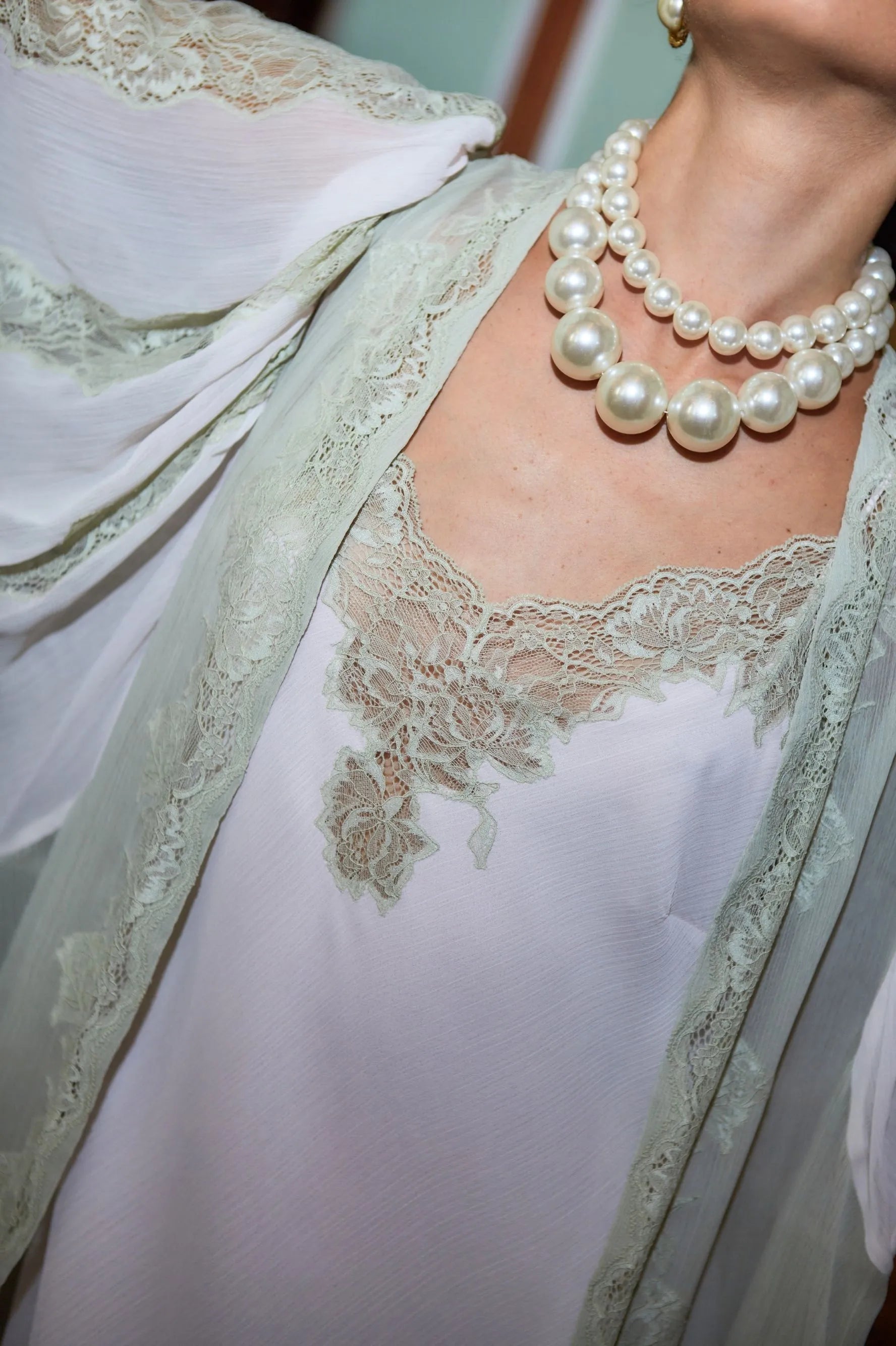 Carina Long Silky Chiffon Robe Set - Sage Green Lace on Light Pink